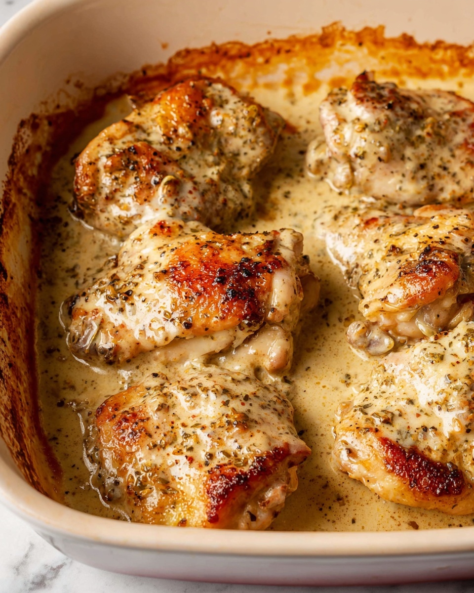 The image shows five pieces of chicken thighs cooked in a white baking dish, with a creamy sauce covering the surface of the chicken. The chicken pieces are light brown with some darker spots where they are grilled or baked. The sauce is light beige with specks of black pepper and herbs, giving it a textured look. The white baking dish has visible brown bits of cooked sauce around the edges. The background is a white marbled surface. photo taken with an iphone --ar 4:5 --v 7