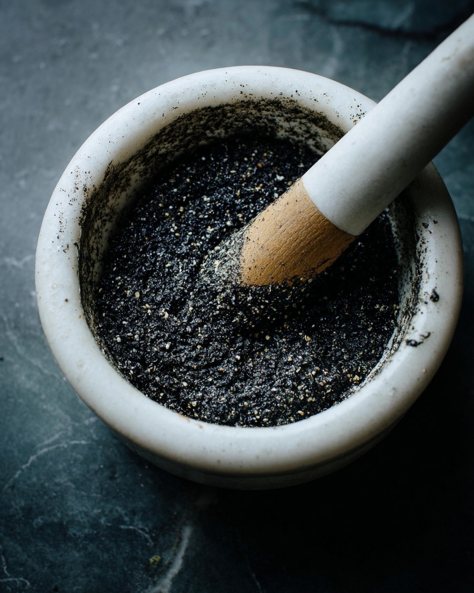 A close-up image of a white ceramic mortar filled with a dark black paste speckled with tiny white and beige grains, creating a rough texture; inside the mortar, a wooden pestle with a white ceramic end is pressing into the paste. The background surface is a dark, textured color but should be imagined as white marbled texture. photo taken with an iphone --ar 4:5 --v 7