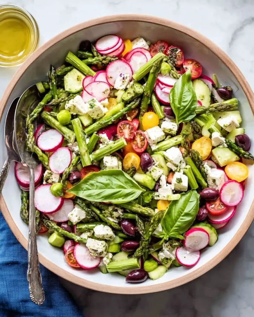 Roasted Asparagus Salad with Lemon Vinaigrette, Cherry Tomatoes, Radishes, and Feta Recipe
