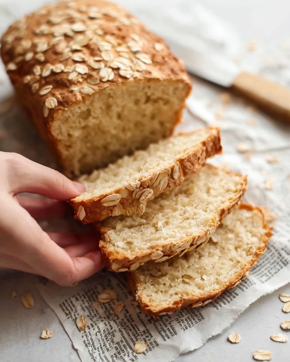 A loaf of oat-topped bread is shown with three slices taken from it, layered one over the other on a white marbled surface covered with newspaper. The top of the loaf has a golden brown crust sprinkled with rolled oats. The inside is light beige with a soft and slightly crumbly texture. A woman's hand is holding the middle slice, showing its thickness and fluffy, slightly uneven crumb. Small oat flakes are scattered around on the newspaper. Photo taken with an iphone --ar 4:5 --v 7
