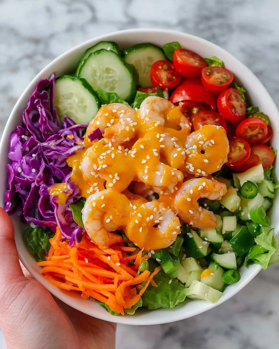 A white bowl filled with a colorful shrimp salad is held by a woman's hand at the bottom left corner. The bowl has fresh shrimp in the center topped with a creamy orange sauce and white sesame seeds. Around the shrimp, there are layers of chopped green lettuce, bright orange carrot sticks, sliced green cucumber, halved red cherry tomatoes, and purple cabbage strips. The salad is arranged neatly with each vegetable in a separate section, creating a vivid mix of colors and textures, all placed on a white marbled background. Photo taken with an iphone --ar 4:5 --v 7