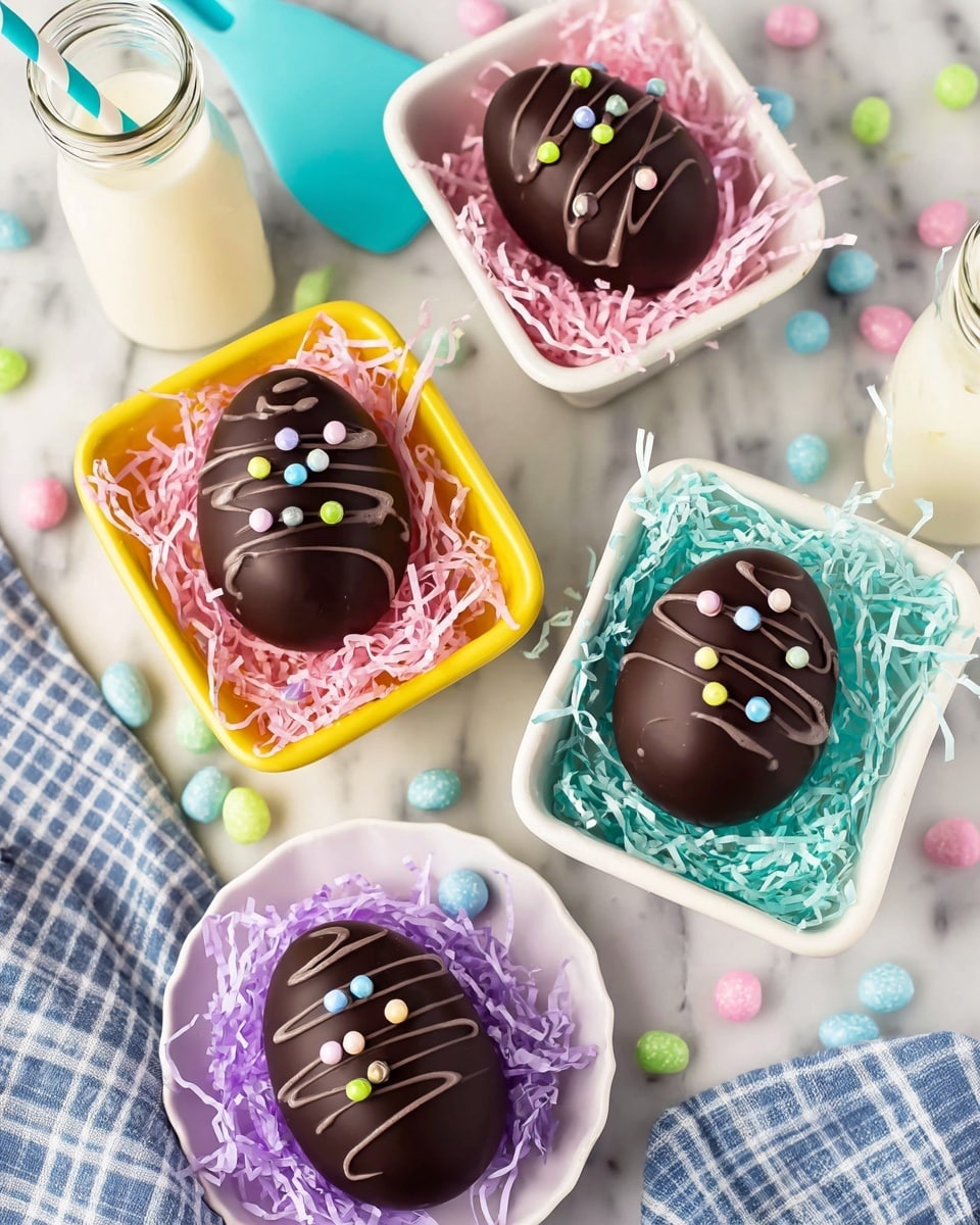 The image shows four dark chocolate Easter eggs, each decorated with small round pastel sprinkles on top and a few thin lines of chocolate drizzle. Three eggs rest in small white pastel-colored baskets filled with shredded paper: one with pink paper in a yellow basket, one with pink paper in a light blue basket, and one with purple paper in a pink basket. The fourth egg is placed on a white plate. The background is a white marble surface sprinkled with pastel plastic eggs. Two glass milk bottles with striped blue and white straws are also visible, along with a blue spatula and a blue checked cloth napkin. Photo taken with an iphone --ar 4:5 --v 7