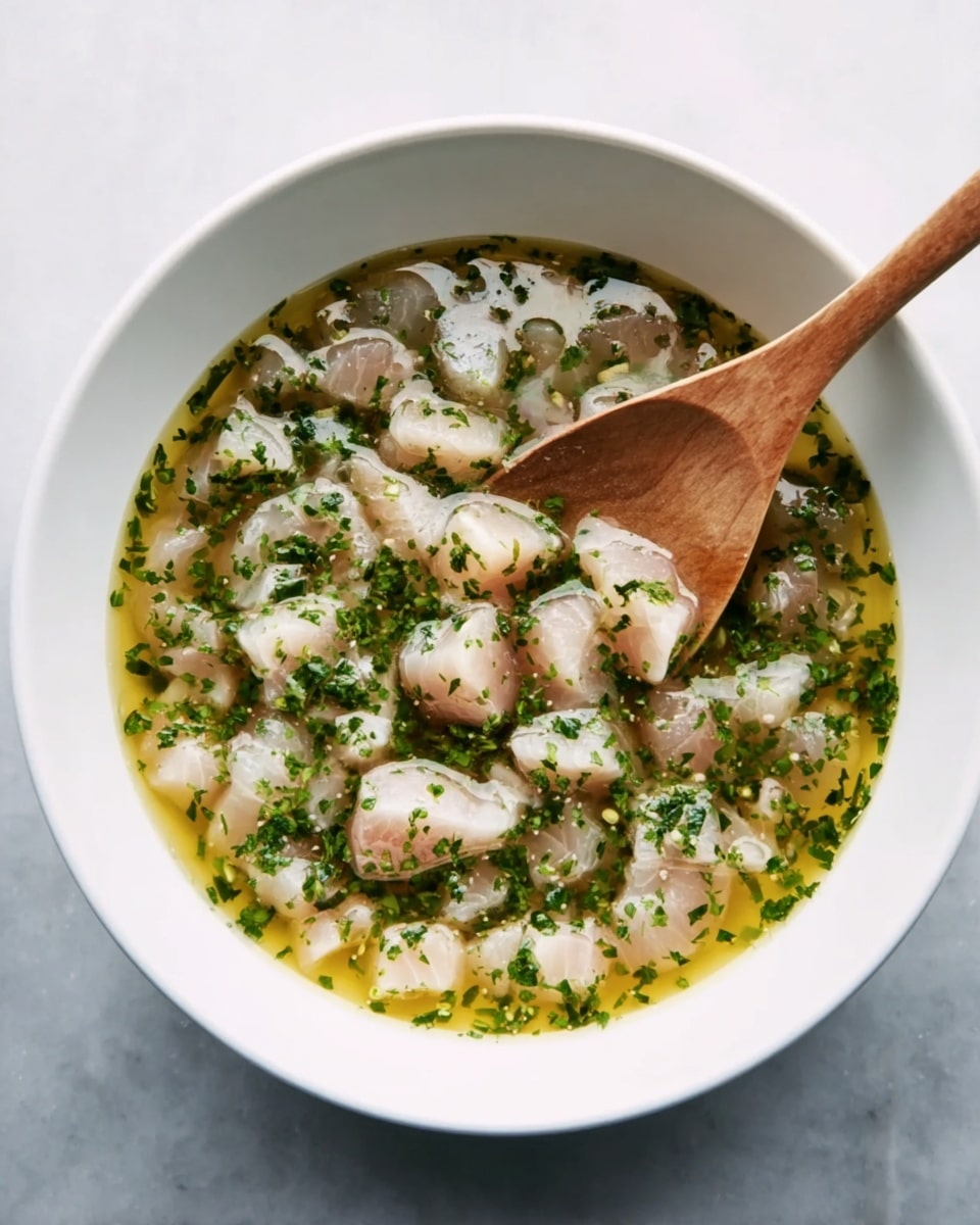 A white bowl filled with small, pale pink chunks of raw fish mixed in a yellowish liquid, likely olive oil, with finely chopped green herbs spread evenly throughout. A wooden spoon with a smooth texture rests inside the bowl, partially submerged in the mixture. The bowl is placed on a white marbled surface, showing a simple and fresh preparation. photo taken with an iphone --ar 4:5 --v 7