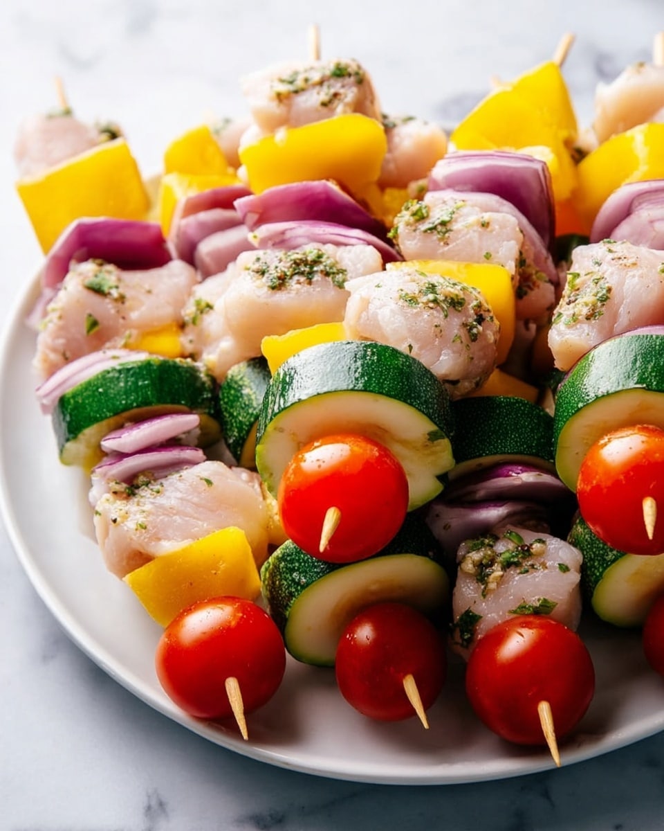 The image shows several skewers stacked on a white plate placed on a white marbled surface. Each skewer has four layers: at the bottom are pale pink chicken pieces with green herb specks, followed by thick dark green zucchini slices, then bright red cherry tomatoes, and at the top, yellow mango chunks mixed with purple onion slices. The colors and textures contrast nicely, showing fresh and raw ingredients ready to cook. photo taken with an iphone --ar 4:5 --v 7