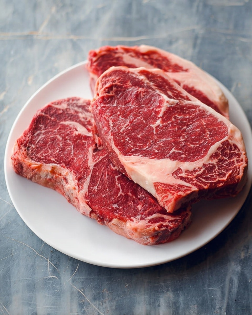 A white plate holds three raw steaks stacked loosely on top of each other, showing their marbled red and white fat pattern and thick texture. The steaks have a rich red color with white marbling running through and around the edges. The plate sits on a white marbled surface with some faint scratches visible. photo taken with an iphone --ar 4:5 --v 7