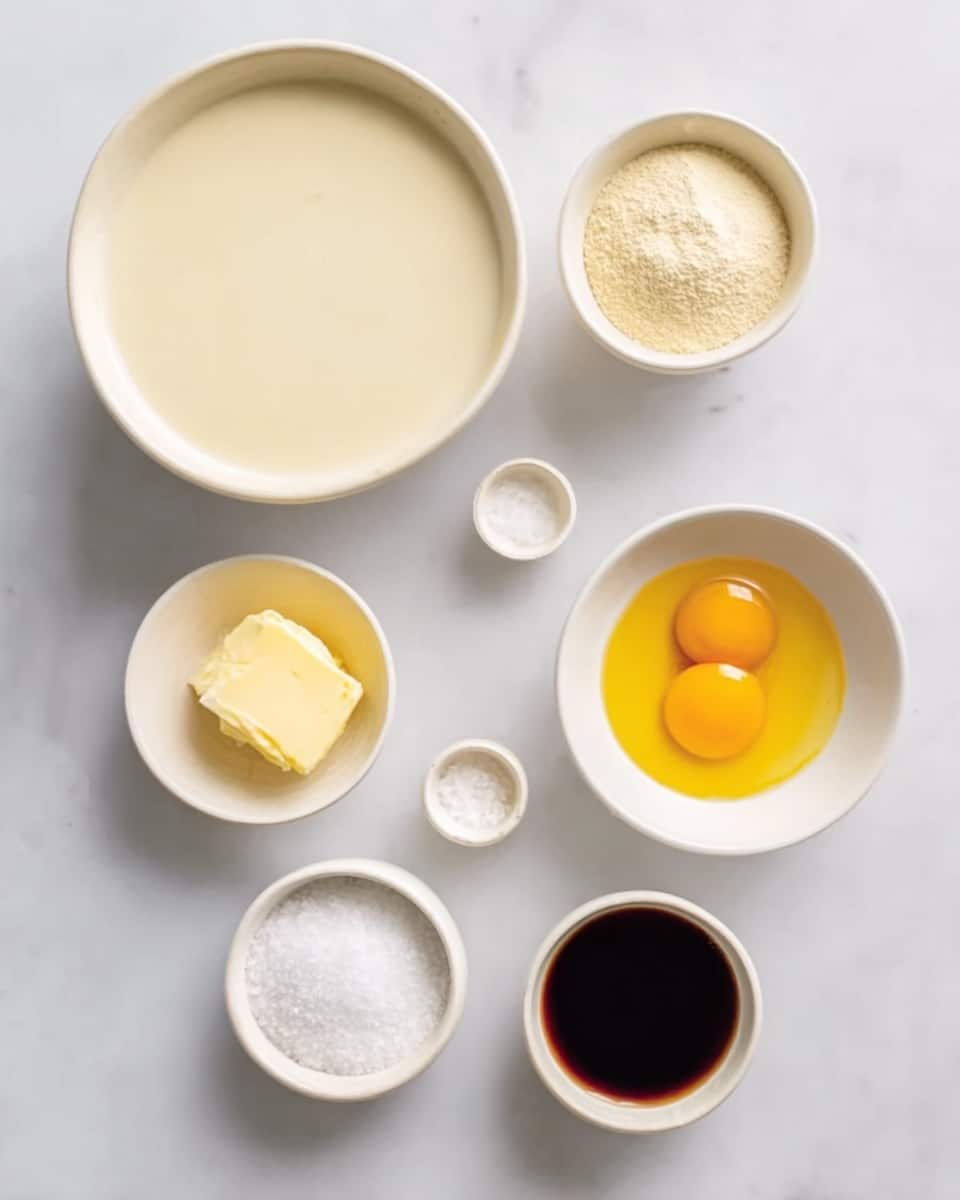 The image shows seven small white bowls arranged on a white marbled surface. The largest bowl in the top left holds a smooth, creamy off-white liquid. To its right, there is a bowl with a pale beige powder. Below that, on the right side, a bowl contains two bright yellow egg yolks floating in clear liquid. In the bottom right corner, a bowl holds a dark brown liquid, almost black. In the middle row, there is a bowl filled with white granulated sugar. To the left of it, there is a small bowl with a chunk of yellow butter. Below, there is a tiny bowl with a small amount of salt. All bowls have simple textures, and the overall look is clean and organized. Photo taken with an iphone --ar 4:5 --v 7