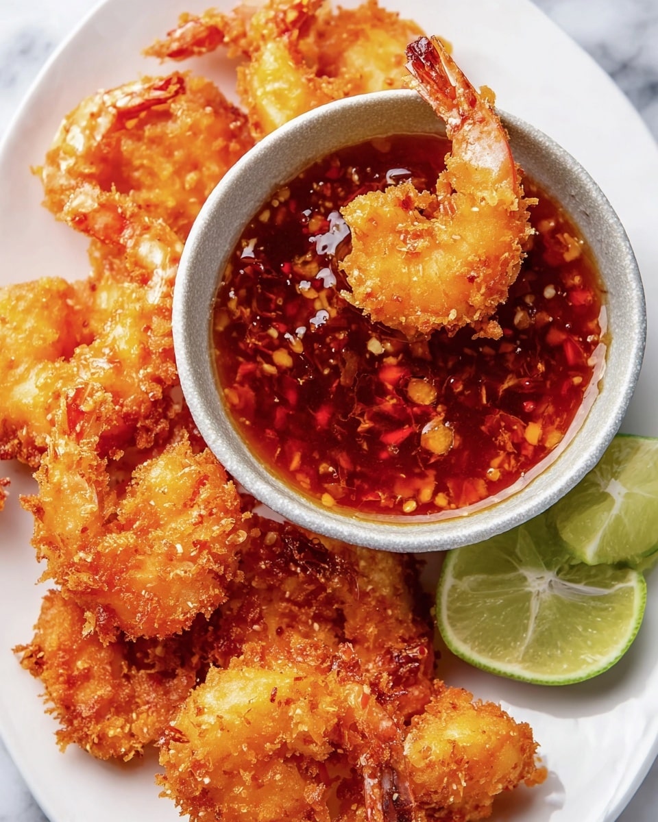 A white plate holds several golden-orange fried shrimp with a rough, crispy texture. In the center, a light gray bowl contains thick, red chili sauce with visible chili flakes and seeds, looking shiny and slightly chunky. One shrimp is dipped into the sauce, with its tail sticking out. Around the bowl, there are two half lime wedges on the white marbled surface. The photo is taken close up, showing the shrimp’s crunchy coating and the glistening sauce. photo taken with an iphone --ar 4:5 --v 7