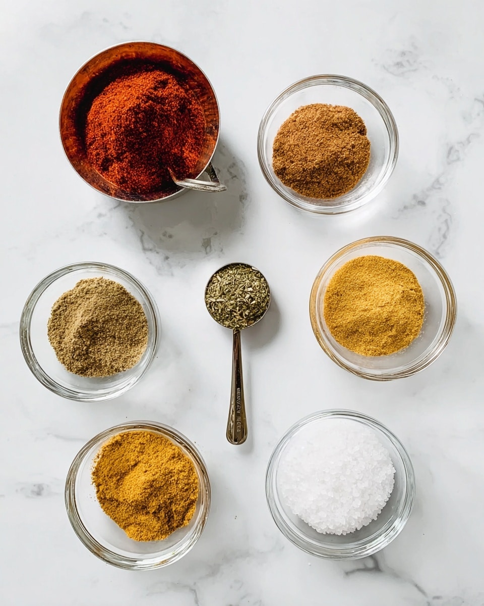 The image shows seven small clear glass bowls arranged on a white marbled surface. Six bowls contain different spices with colors and textures: a deep reddish-orange powder in a metal measuring cup, a coarse brown powder, a light brown powder, a greenish dried herb mix, a yellow powder, and a fine beige powder. The seventh bowl has a small pile of white salt with a grainy texture. The bowls are neatly spaced and the bright lighting highlights the colors of the spices. The photo taken with an iphone --ar 4:5 --v 7