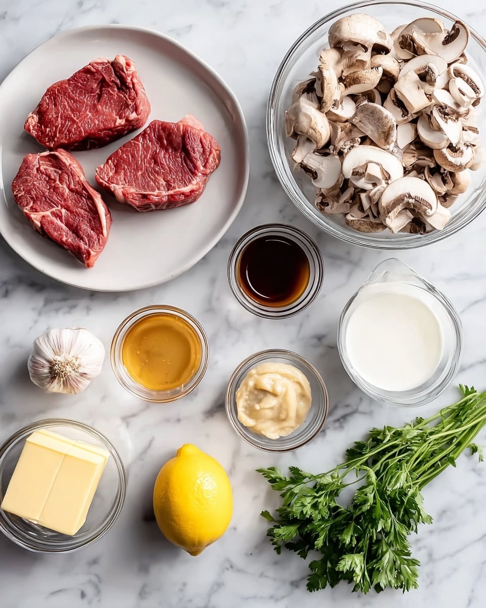 The image shows raw ingredients laid out on a white marbled surface. On the left, a white plate holds two raw red steaks with light marbling. To the right of the plate, a clear glass bowl is filled with roughly sliced white and brown mushrooms. Near the top right corner, there are two small clear bowls; one contains a dark brown liquid sauce and the other a light amber liquid. Below these, a small clear bowl holds a creamy pale yellow sauce or paste. Near the center bottom, a whole bright yellow lemon sits next to a single shallot and two small garlic cloves. To the right of the shallot and garlic, a small glass bowl contains a white creamy liquid, most likely milk or cream. The bottom left corner has a small clear bowl with a pale yellow rectangle of butter. Along the right edge lies a small bundle of fresh green parsley with long stems. photo taken with an iphone --ar 4:5 --v 7