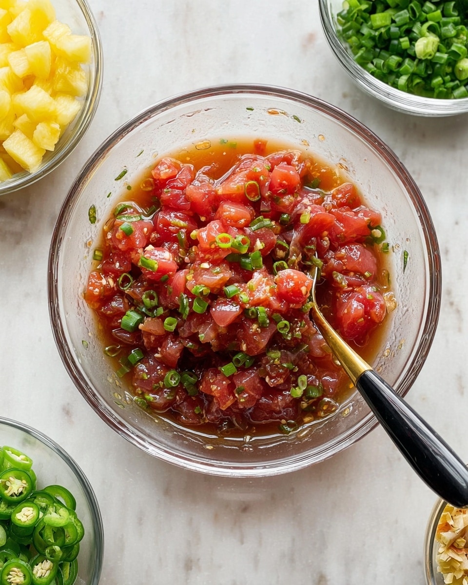 A clear glass bowl sits on a white marbled surface filled with small, uneven pieces of red raw fish that are soaked in a light brown sauce. The fish pieces are mixed with small, finely sliced green onions scattered across the top. A black and gold spoon partially submerged in the mixture rests inside the bowl. Surrounding the bowl are three small clear bowls filled with chopped light yellow pineapple, medium green sliced jalapenos, and chopped dark green onions. The scene looks fresh and colorful. photo taken with an iphone --ar 4:5 --v 7
