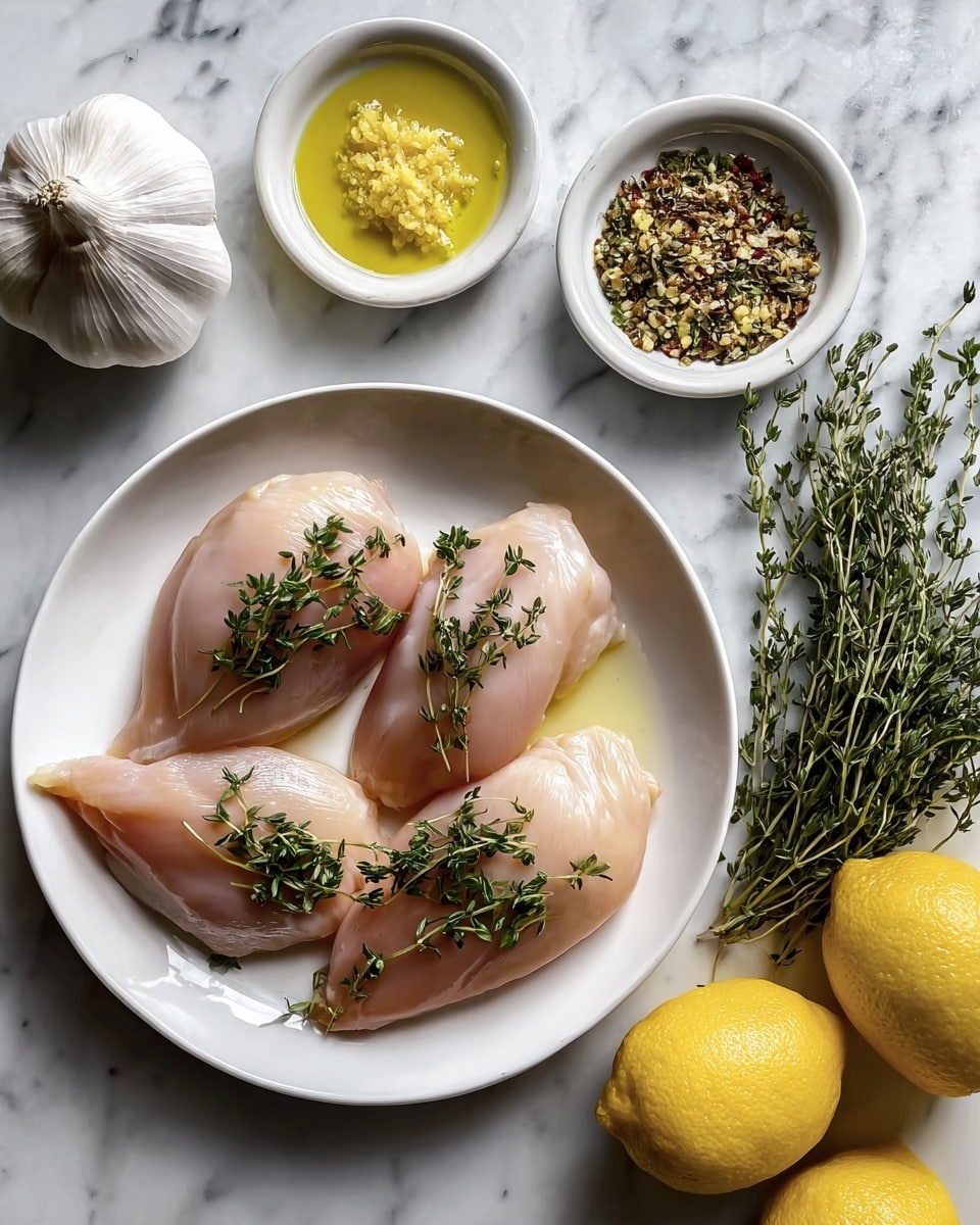 There is a white plate holding four raw chicken pieces, each topped with green thyme leaves. Above the plate, there are three small bowls: one with yellow crushed garlic, one with olive oil showing its clear golden color, and one with mixed herbs and spices. To the right, there are two yellow lemons and a bunch of fresh green herbs including rosemary and thyme. In the top left corner, a whole garlic bulb rests on the white marbled surface. photo taken with an iphone --ar 4:5 --v 7