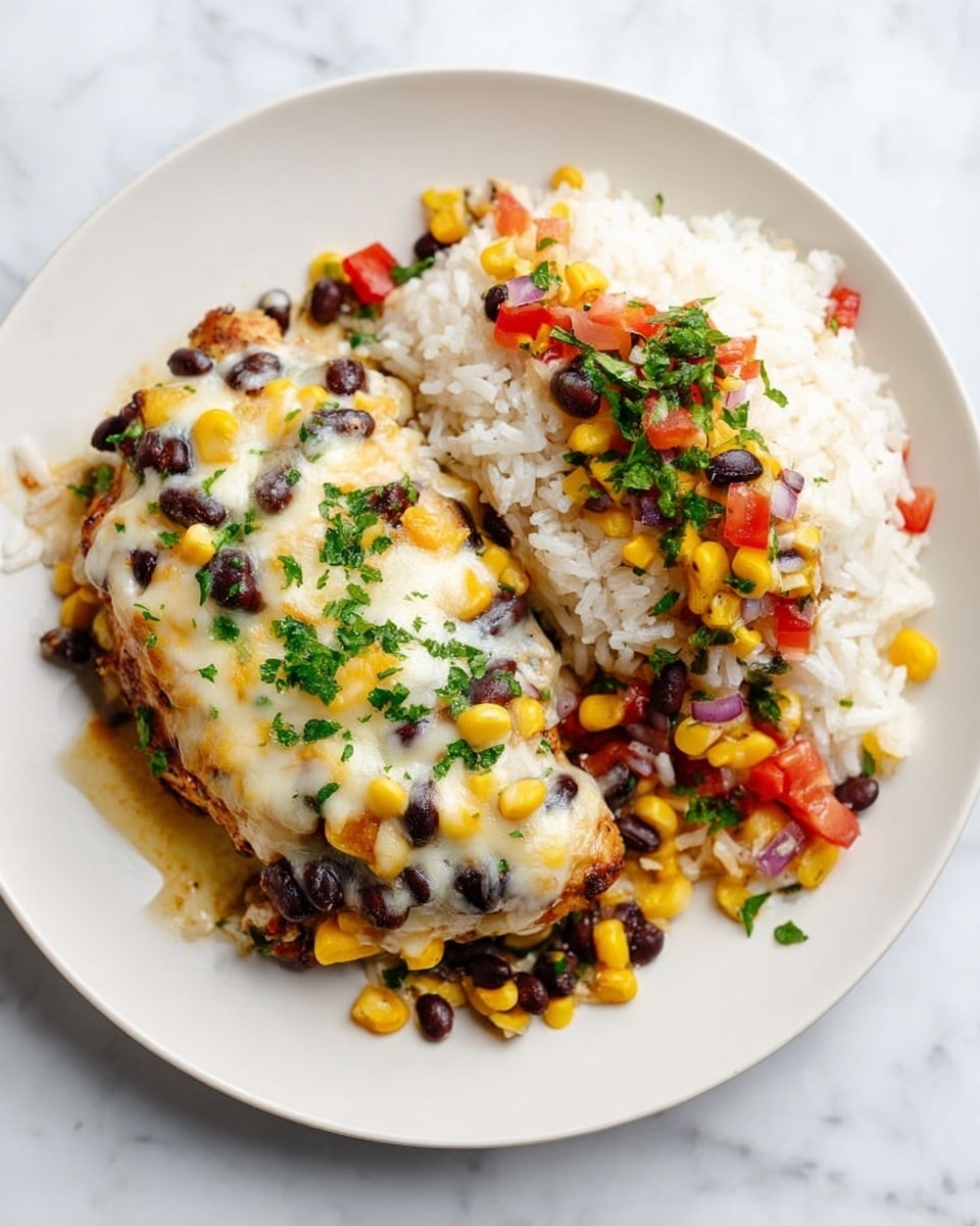 A white plate on a white marbled surface holds a layered dish with two main parts: on the left, a thick piece of chicken topped with melted white and yellow cheese, black beans, corn, and chopped green herbs; on the right, a mound of white rice covered with a colorful mix of corn, black beans, diced red tomatoes, onions, and green herb sprinkles. The textures contrast between the soft cheese and the fresh vegetables, and the colors are bright with yellows, blacks, reds, whites, and greens evenly spread across the plate. photo taken with an iphone --ar 4:5 --v 7