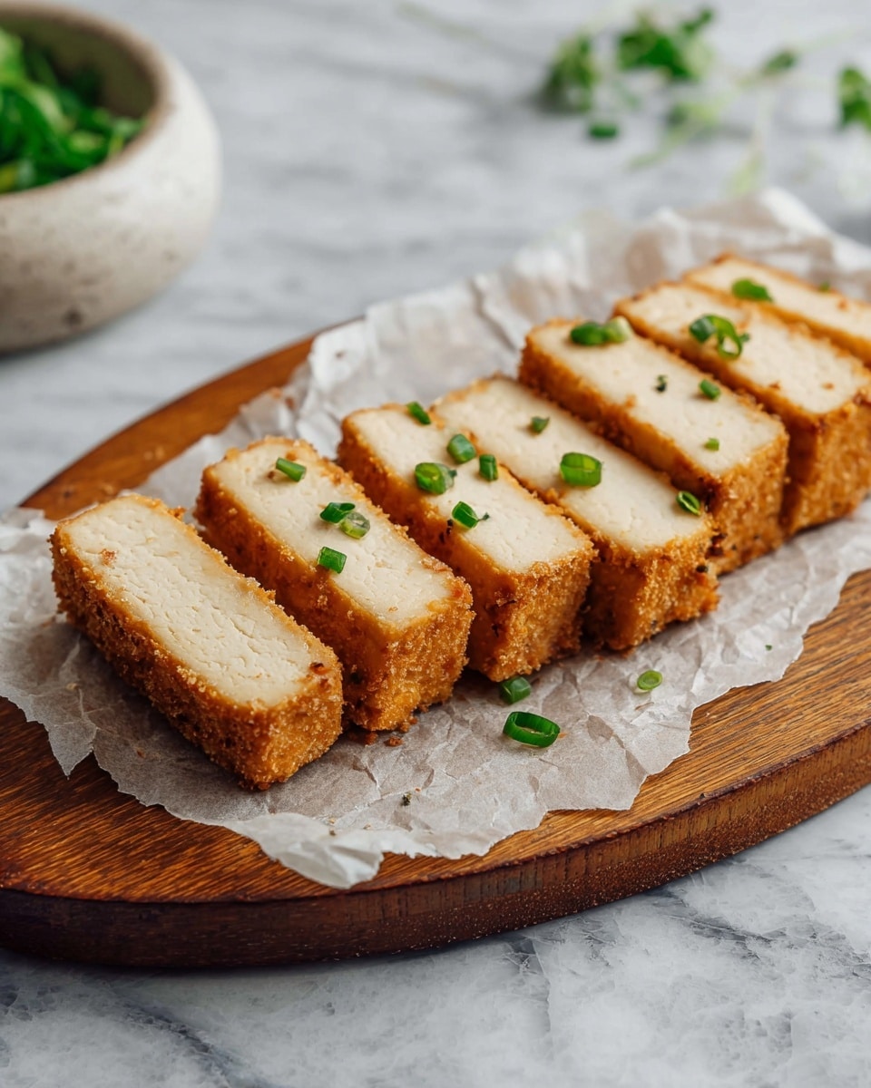 The image shows six thick rectangular pieces of fried tofu arranged in a row on a piece of crumpled white parchment paper over a wooden board. Each tofu piece has one visible layer with a golden brown crunchy crust on the outside and a smooth, light cream-colored inside. Small pieces of green onion are sprinkled over the tofu, adding spots of green color. The scene is set against a white marbled surface with a blurred white stone bowl containing fresh green herbs in the background. photo taken with an iphone --ar 4:5 --v 7