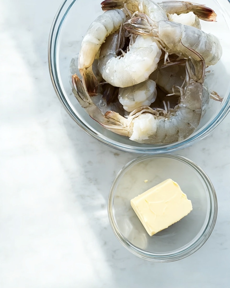 A clear glass bowl, placed on a white marbled surface, filled with uncooked shrimp showing pale grey and white colors with slight pink highlights and visible tails, arranged loosely with some overlapping. Below the bowl is a smaller clear glass bowl containing a solid rectangular piece of light yellow butter. The scene has a bright, natural light with soft shadows, creating a fresh and clean look. photo taken with an iphone --ar 4:5 --v 7