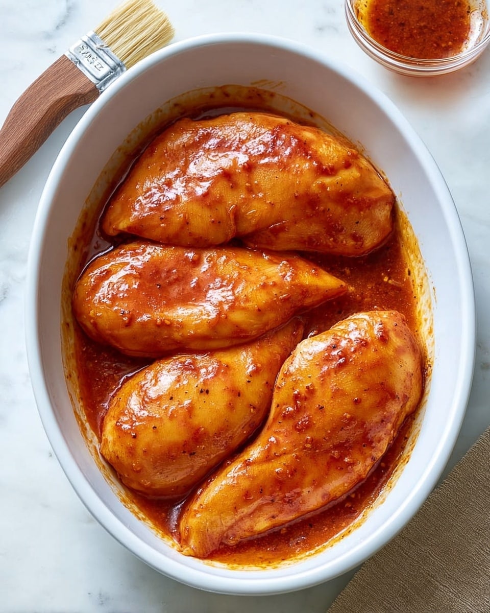 In a white oval dish, there are four large pieces of raw chicken laid flat, each coated with a shiny, reddish-orange marinade that looks smooth and thick. The chicken pieces fill the dish closely, showing some oily spots along the edges where the sauce pools slightly. The background is a white marbled surface, and near the top left, part of a kitchen brush with a wooden handle is visible along with a small clear bowl of extra sauce nearby. The lighting is bright and natural, highlighting the glossy texture on the meat. photo taken with an iphone --ar 4:5 --v 7