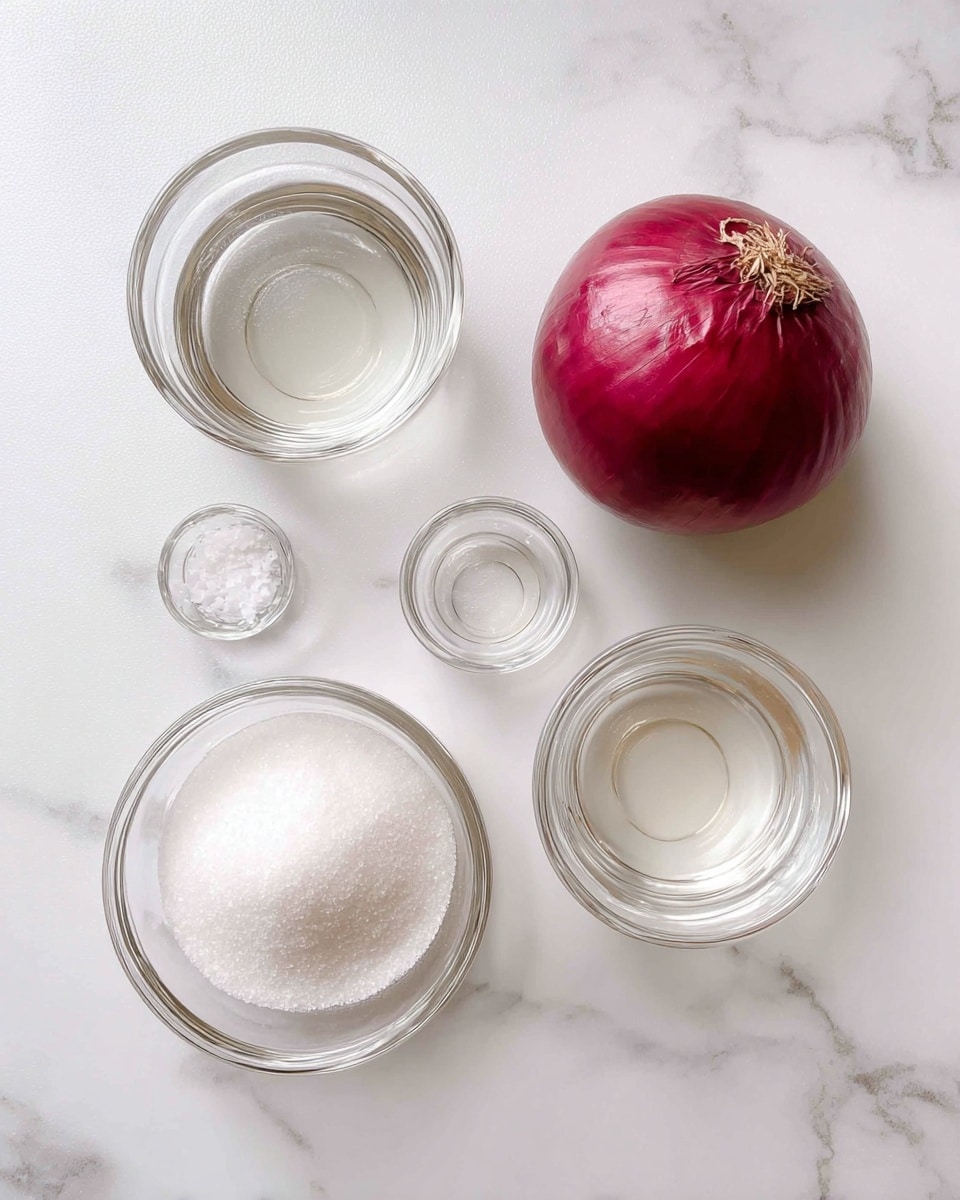 The image shows five ingredients placed on a white marbled surface. There is a whole red onion with smooth, shiny skin positioned at the top right. Surrounding the onion, there are four clear glass bowls arranged loosely in a square pattern. The largest bowl, at the top left, contains a transparent liquid. Below it, a medium bowl is filled with white granulated sugar. To the bottom left, a small bowl contains coarse white salt. On the right side, another medium bowl holds a smaller amount of clear liquid. The overall scene is bright and clean with natural lighting. photo taken with an iphone --ar 4:5 --v 7