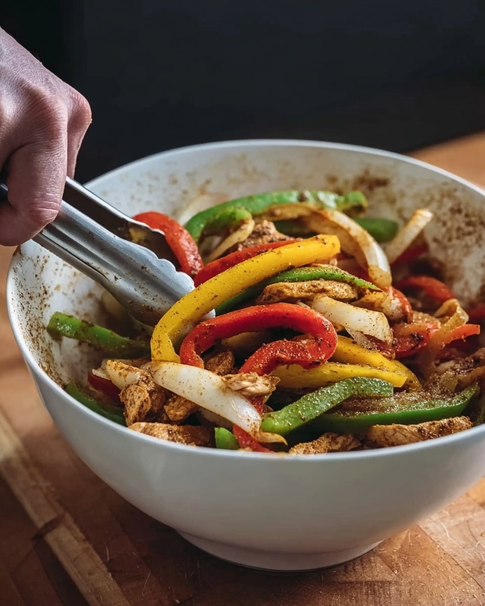 A white bowl filled with mixed strips of bell peppers in green, red, and yellow layers, along with white onion slices and pieces of cooked chicken, all coated lightly with a brown seasoning. The ingredients have a slightly shiny texture and are mixed with a silver metal tong held by a woman's hand on the left side. The bowl sits on a wooden surface with a blurred dark background visible. photo taken with an iphone --ar 4:5 --v 7
