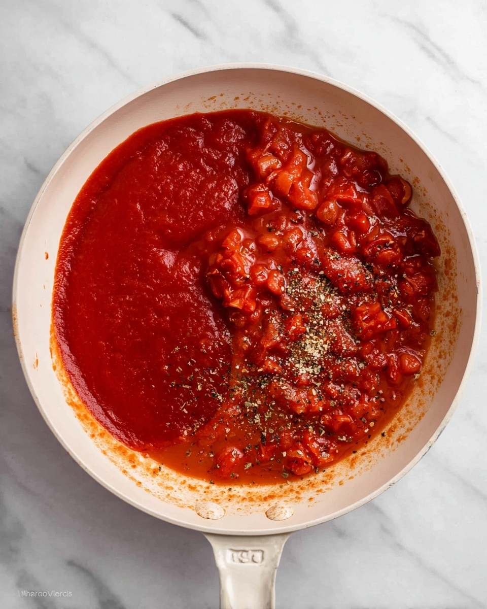The image shows a white pan on a white marbled surface, with a thick mix of tomato sauce inside. The sauce has two visible layers: the bottom left side is a smooth and rich red sauce, while the top right side is a chunkier red sauce with small pieces of tomato and herbs. Small bits of black pepper and herbs are scattered on the surface of the sauce. The pan has a handle on the right side. photo taken with an iphone --ar 4:5 --v 7