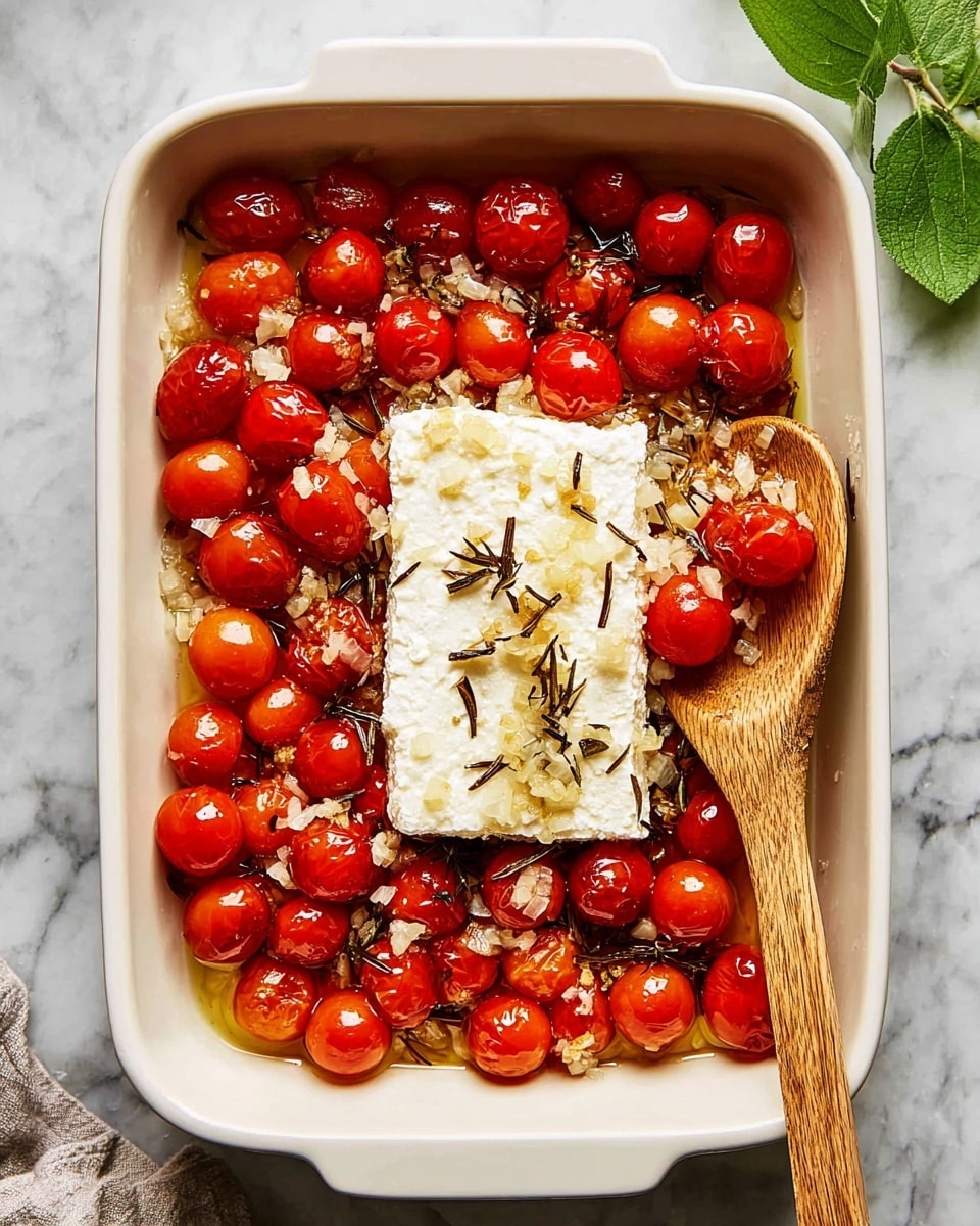 A white rectangular baking dish holds a mix of small, round, shiny red cherry tomatoes spread evenly around the edges, with finely chopped onions and thin dark strips of what looks like dried herbs scattered throughout. In the center, there is a thick rectangular block of white cheese with a smooth surface. A wooden spoon rests on the right side inside the dish, slightly covered with some of the chopped onions and oil. The dish is placed on a surface that looks like white marble, and a fresh green leaf is visible in the top right corner. Photo taken with an iphone --ar 4:5 --v 7