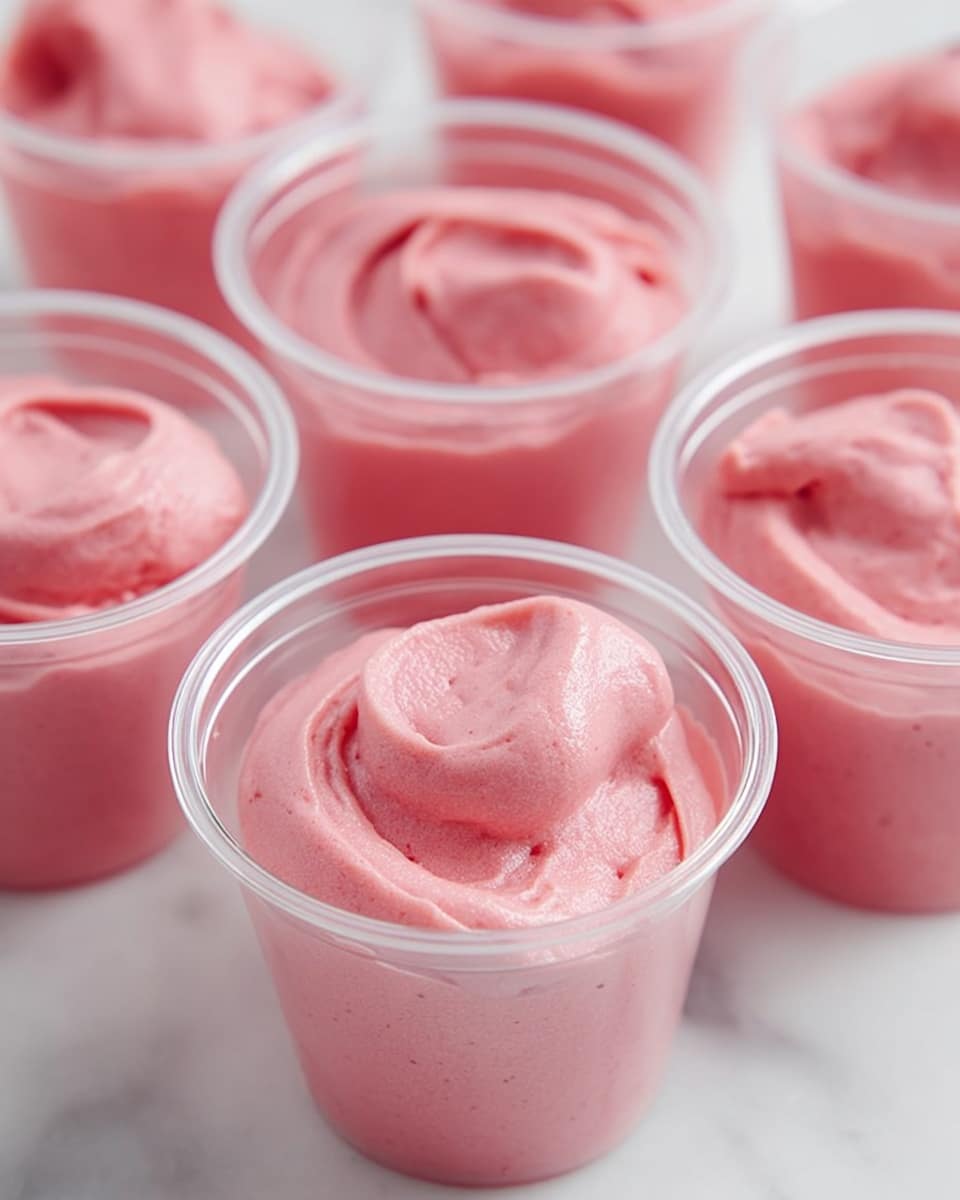 The image shows several small clear plastic cups filled with smooth pink mousse. Each cup is filled almost to the top with the mousse, which has a creamy, slightly shiny texture and soft peaks and swirls on the surface. The cups are arranged closely together on a white marbled surface. photo taken with an iphone --ar 4:5 --v 7