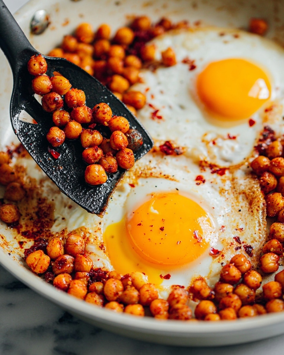 A close-up view of two sunny-side-up eggs surrounded by a layer of golden-brown chickpeas mixed with bits of red seasoning in a white skillet resting on a white marbled surface. A black spatula lifts one egg which is decorated with chickpeas sticking to the edges, its yolk bright yellow and glossy with some light orange oil around it. The chickpeas are round and roasted, showing a slightly crispy texture with specks of red chili flakes scattered throughout. The image captures the warm, rich colors of the dish with a soft focus on the edges. Photo taken with an iphone --ar 4:5 --v 7