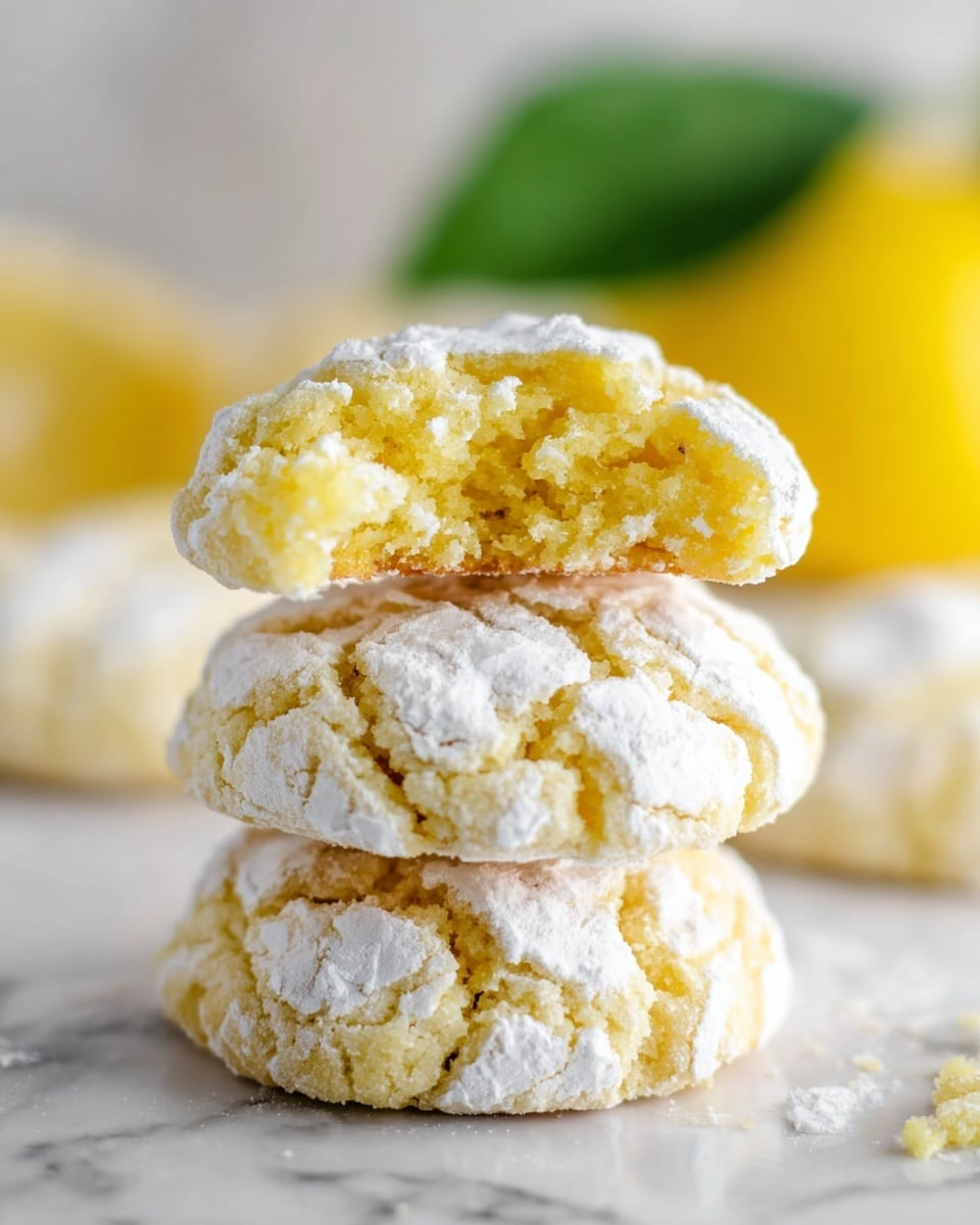 A stack of three lemon crinkle cookies sits on a white marbled surface, with the top cookie broken in half to show its soft, yellow, crumbly inside. Each cookie is covered in powdered sugar that cracks on the surface, creating a textured white layer over the pale yellow cookie base. The background is softly blurred with hints of green and yellow, likely lemon and leaves, enhancing the fresh look. photo taken with an iphone --ar 4:5 --v 7