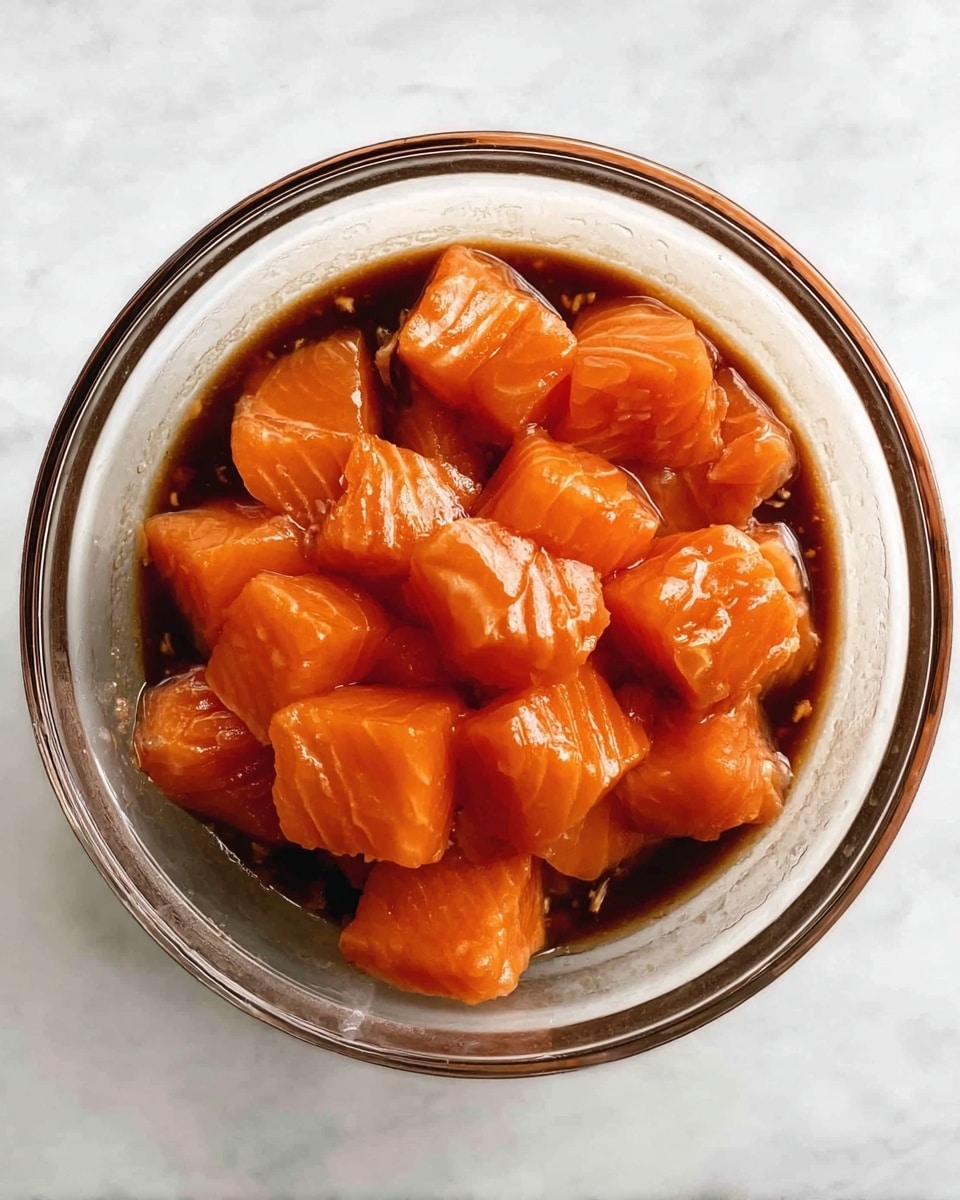 A clear glass bowl filled with bright orange chunks of raw salmon, each piece square and smooth, sitting in a rich, dark brown marinade that slightly coats the fish and pools around it evenly. The salmon pieces have a moist, shiny texture and are tightly packed in the bowl, giving a fresh and vibrant look, all placed on a white marbled surface. photo taken with an iphone --ar 4:5 --v 7