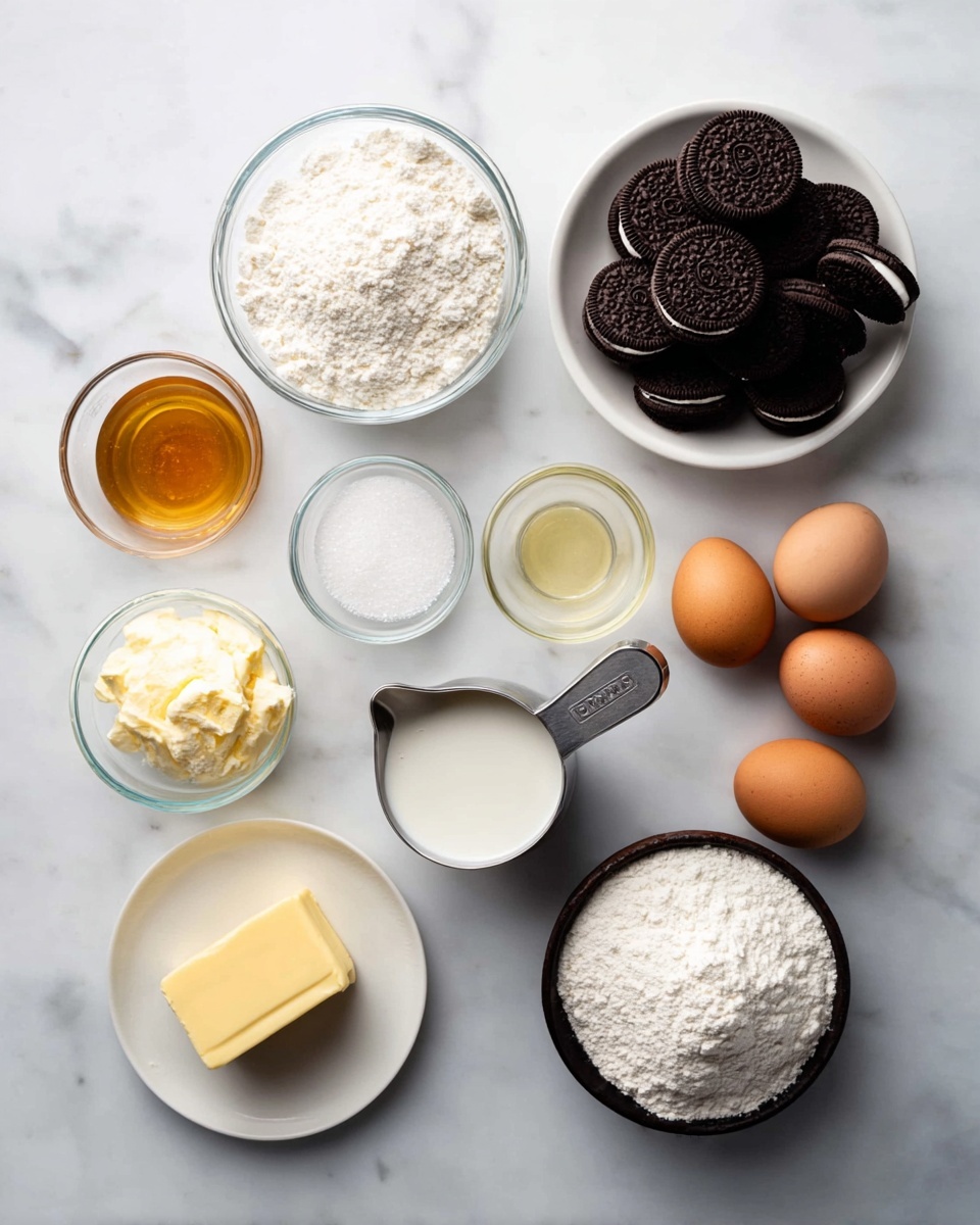 The image shows various ingredients arranged neatly on a white marbled surface. In the top right, there is a white bowl filled with a stack of dark chocolate sandwich cookies. Below and to the left, a clear glass bowl contains white flour, next to a smaller glass bowl filled with granulated white sugar. Above the flour, a small glass holds a pale yellow liquid, and a metal measuring cup holds thick white cream. To the left of these, a small glass bowl contains a golden brown syrup, and another small glass bowl is filled with white salt. Three brown eggs are placed together toward the left side. Below the eggs is a small white plate with a piece of yellow butter, next to a wooden bowl of white powder and a black bowl with another white powder, likely leavening agents. Everything is displayed clearly on the white marbled surface in natural lighting. photo taken with an iphone --ar 4:5 --v 7