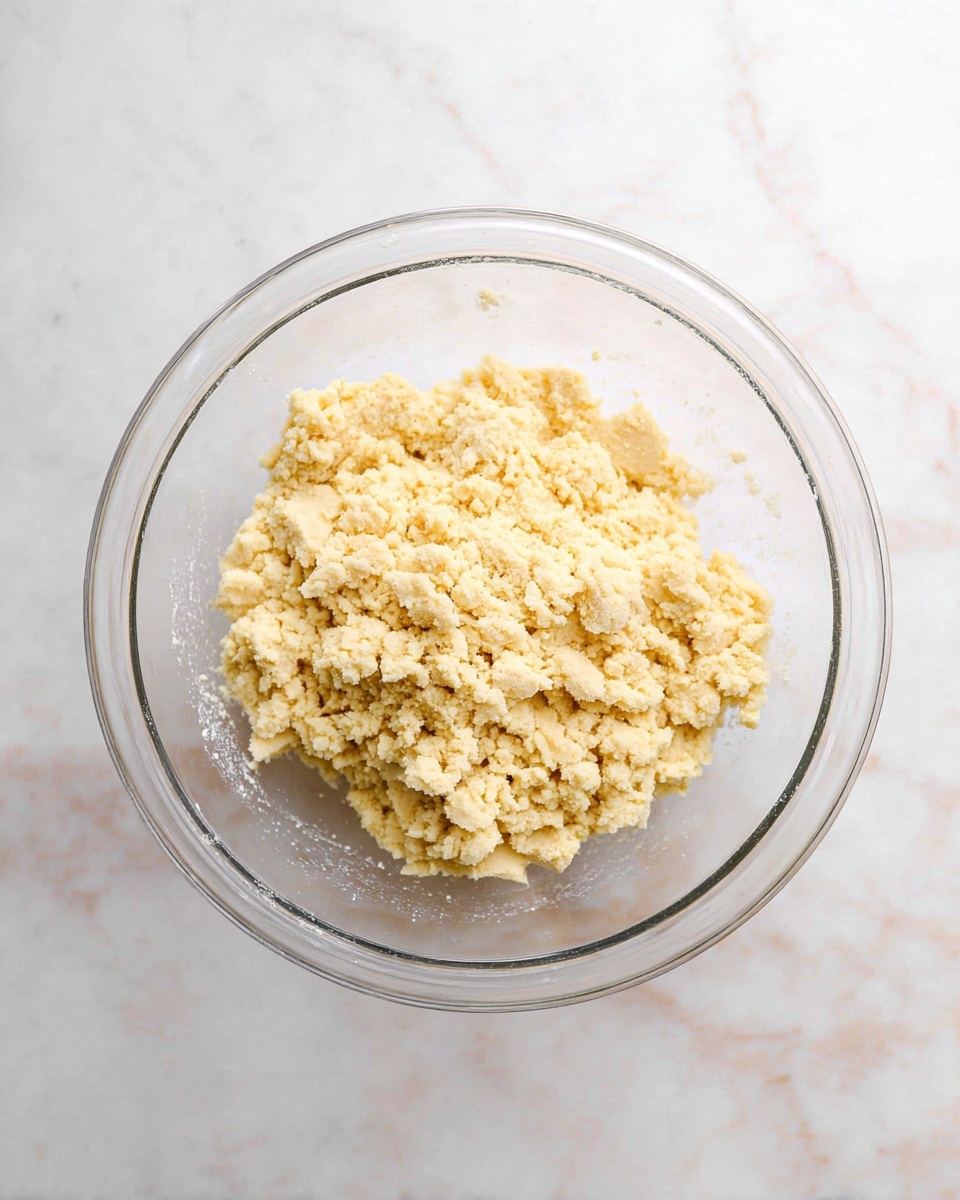 A clear glass bowl sits in the center filled with crumbly dough that is pale yellow and uneven in texture. The dough looks soft but still rough, with small lumps spread all over. The bowl is on a white marbled surface, giving a clean and bright look to the scene. There is no other food or item around the bowl. photo taken with an iphone --ar 4:5 --v 7