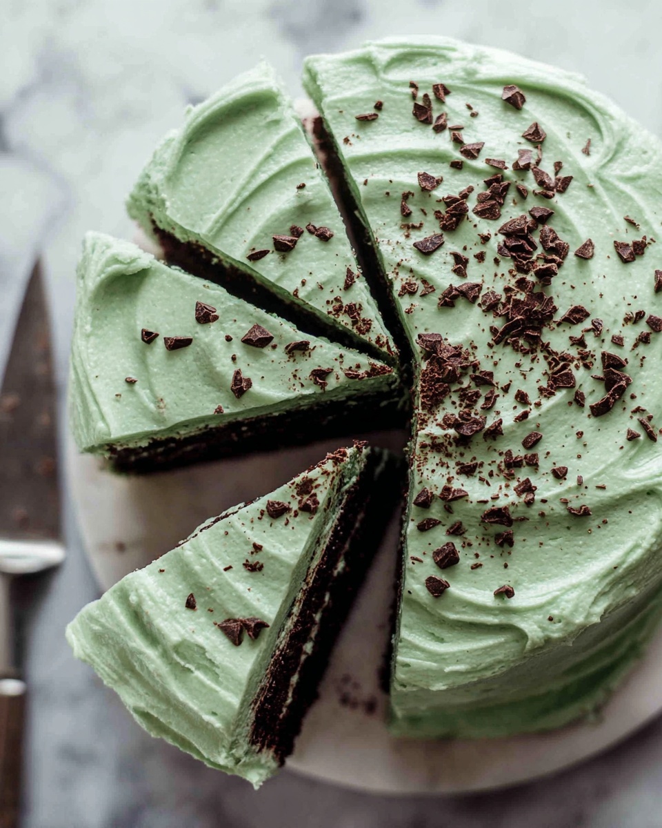 A round cake with three visible layers is covered in thick, light green frosting with a creamy texture, spread unevenly with swirls. The frosting is sprinkled with small, dark brown chocolate pieces scattered across the top. The cake is sliced into six triangular pieces, with one slice slightly pulled out, showing a dark chocolate cake layer underneath the green frosting. The cake sits on a white marbled surface with a metal cake server partially visible in the background. photo taken with an iphone --ar 4:5 --v 7