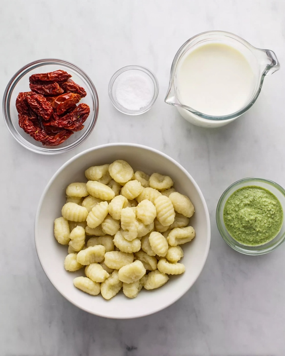 A white bowl filled with many small, light yellow gnocchi pieces sits on a white marbled surface. Around the bowl are three small clear round containers: one with a bright green sauce with a slightly chunky texture, another with shiny red sun-dried tomatoes, and the third with a small amount of white salt. Above these is a clear glass measuring jug filled with smooth white cream. The arrangement is simple and neat, all on a clean white marbled surface. photo taken with an iphone --ar 4:5 --v 7