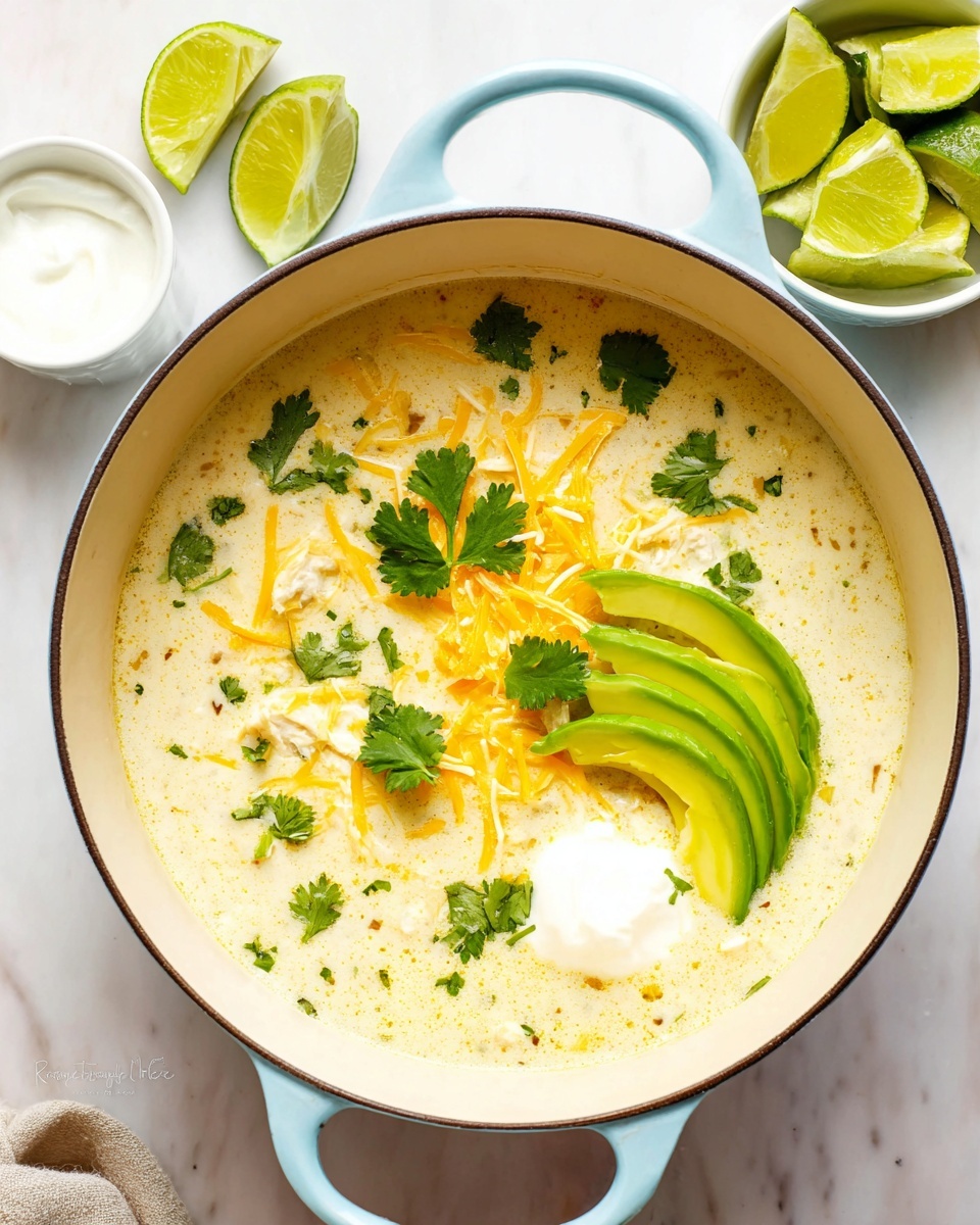 The dish shows a creamy soup in a white pot with light blue handles, sitting on a white marbled surface. The soup layer is thick and pale yellow with small bits of ingredients mixed in, topped with green cilantro leaves and orange-yellow shredded cheese scattered over the surface. On top of the soup are three thin, curved slices of bright green avocado placed on the right side, while two lime wedges and a dollop of white sour cream sit closer to the left side near the center. Next to the pot, there is a small white bowl with extra lime wedges and a small white dish with more sour cream. Photo taken with an iphone --ar 4:5 --v 7