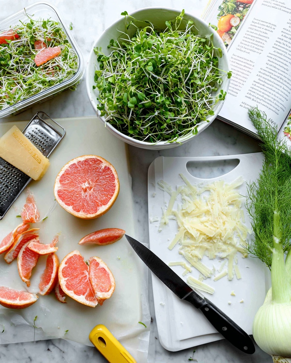 The image shows a fresh salad preparation scene on a white marbled surface. At the center, a white bowl is filled with bright green pea shoots and delicate sprouts, giving a lush texture. Next to it, a plastic container also holds pea shoots. Below, a white cutting board holds a grapefruit sliced in half, with its bright pink flesh and some pieces of peeled skin scattered around. Nearby, a small black knife rests ready for use. To the right, another white cutting board has thin shavings of pale yellow Parmesan cheese beside a whole fennel bulb with bright green feathery fronds. A yellow peeler lies between the boards, and in the background, an open cookbook shows a colorful salad of grapefruit, fennel, and Parmesan shavings arranged on a white plate. The whole scene is bright and fresh, evoking healthy cooking. Photo taken with an iphone --ar 4:5 --v 7