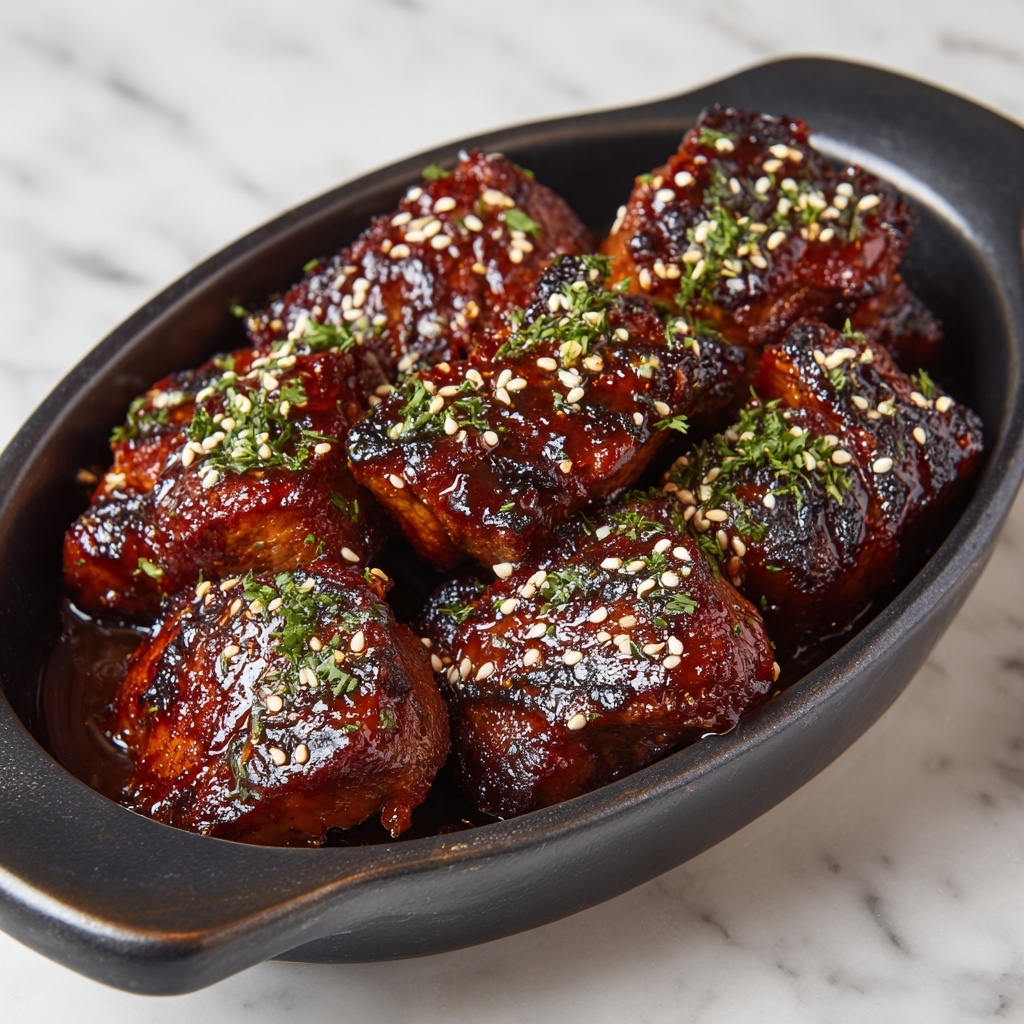 A black oval dish holds several pieces of dark brown cooked meat with visible grill marks, each piece covered in a shiny glaze that reflects light. The meat pieces are thick and arranged close together in the dish, which has a glossy surface. Scattered over the meat are small white sesame seeds and finely chopped green herbs that add pops of color and texture. The dish sits on a white marbled surface. photo taken with an iphone --ar 4:5 --v 7