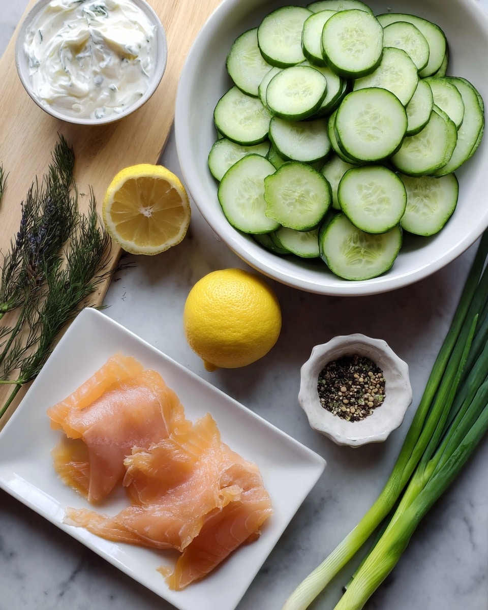 The image shows a white bowl filled with round, green cucumber slices arranged in layers, placed on a white marbled surface. Nearby, a white rectangular plate holds three thin, light orange slices of salmon, slightly overlapping each other. A whole yellow lemon and some dark green herbs lie between the cucumber bowl and the salmon plate. To the side, a small white ceramic dish contains a mix of black and white pepper, and there are two green spring onions resting on the white marbled surface. A white bowl filled with soft white cream cheese is partially visible next to the lemon. The photo was taken with an iphone --ar 4:5 --v 7