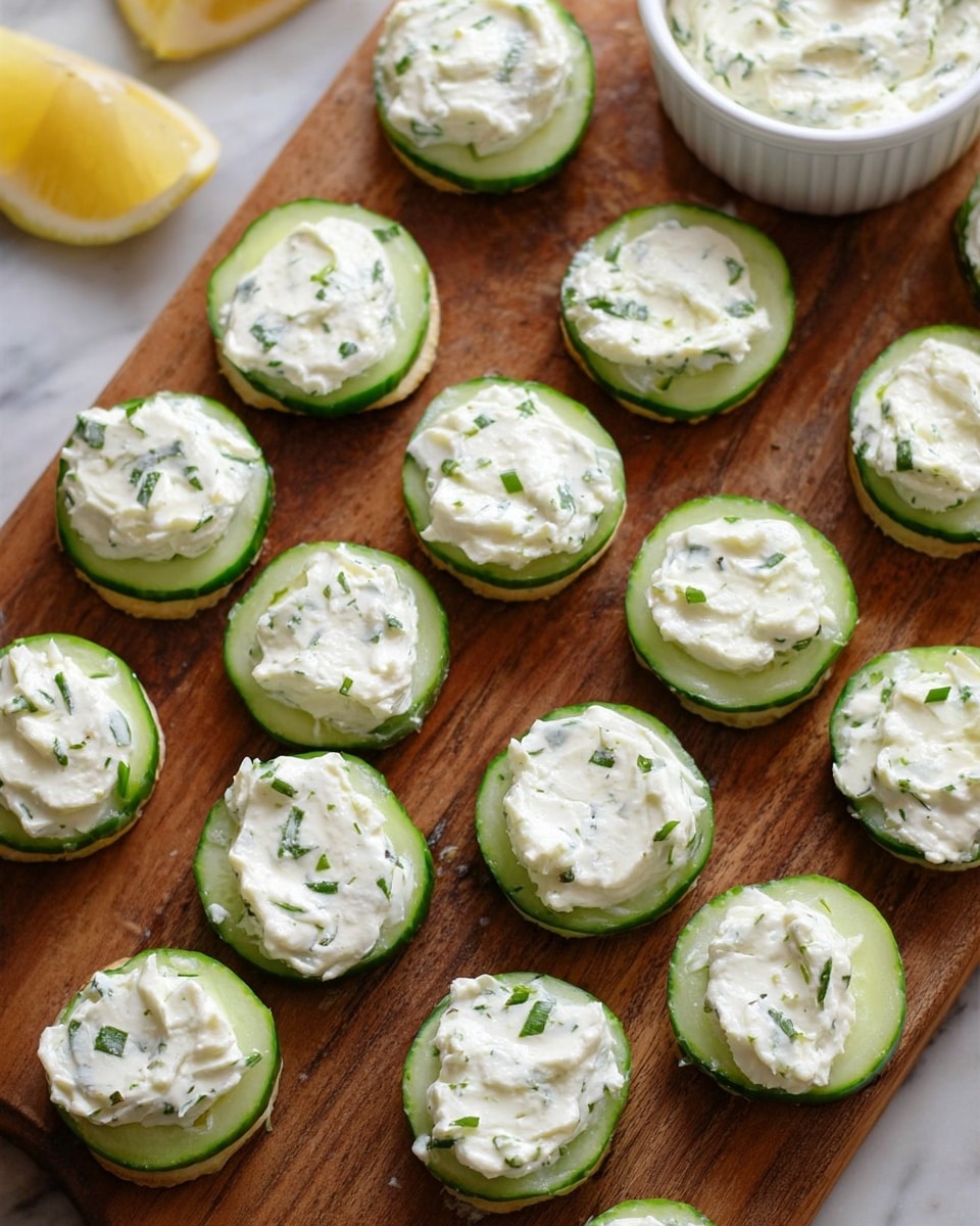 The image shows a wooden board with 15 round cucumber slices neatly arranged in rows, each topped with a thick layer of white cream cheese spread mixed with finely chopped green herbs. The cream cheese layer is slightly uneven but covers the cucumber slices fully, revealing the bright green edges of the cucumber. In the upper left corner, part of a lemon wedge with a bright yellow color is visible, and a white ramekin filled with the same cream cheese mixture is placed near the top center. The background surface has a white marbled texture. photo taken with an iphone --ar 4:5 --v 7