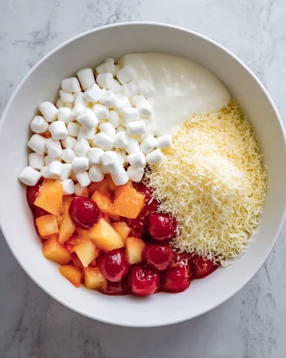 A white bowl filled with four separate layers of ingredients placed side by side. On the left, there is a smooth layer of white cream. Next to it, a pile of small white mini marshmallows. To the right, a mound of finely grated light yellow cheese. The bottom half of the bowl is filled with bright red cherries and chunks of light orange fruit mixed together. The bowl sits on a white marbled surface. photo taken with an iphone --ar 4:5 --v 7