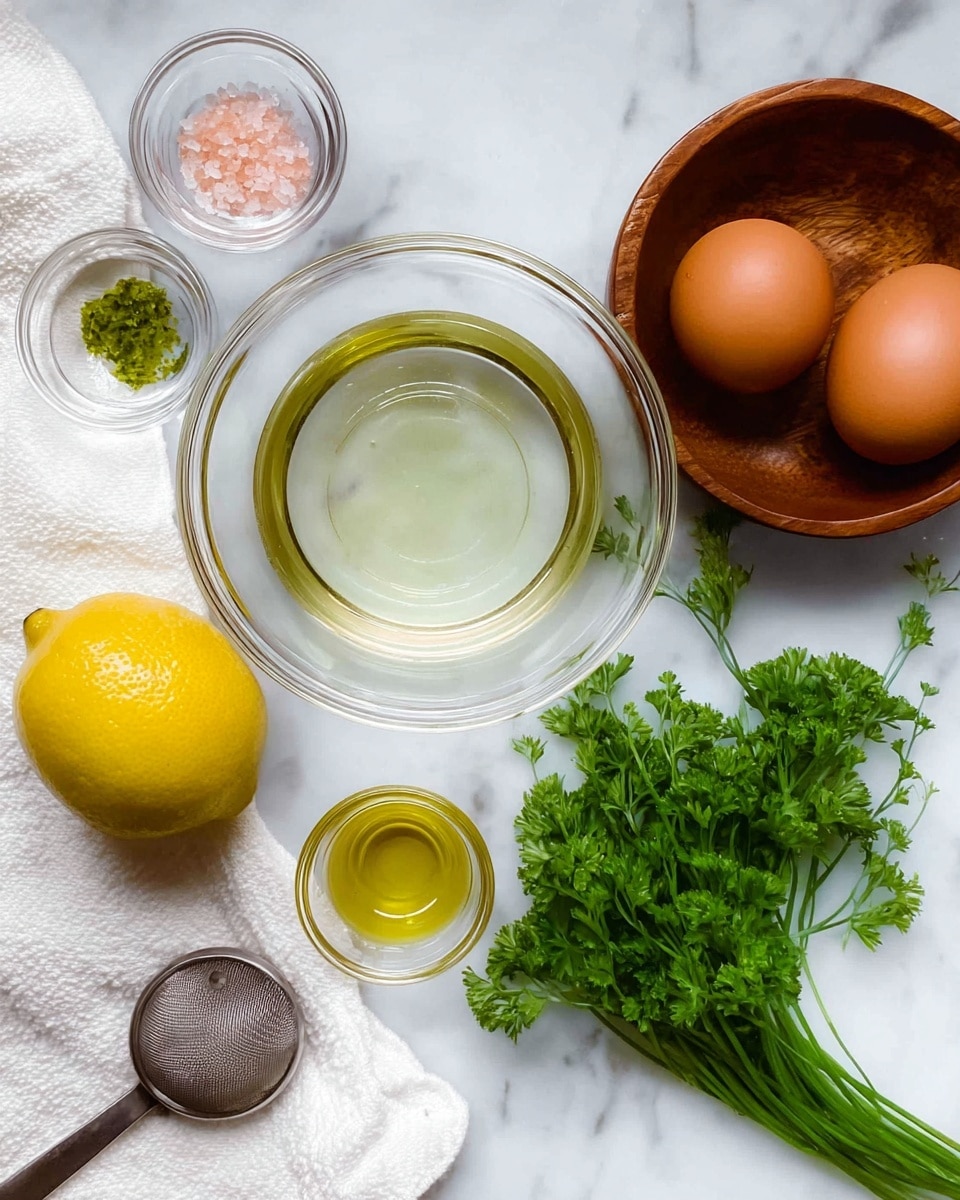 The image shows a top view of cooking ingredients arranged on a white marbled surface. At the top right, two brown eggs sit in a wooden bowl. In the middle, there is a clear glass bowl filled with a transparent liquid. Around it, smaller clear bowls hold light yellow oil, pink salt, and a small dollop of green mustard. At the bottom left, half a yellow lemon rests next to a silver measuring spoon. Near the bottom center, fresh green curly parsley leaves are spread on a white cloth. A green herb stem extends from the parsley to the right side. Photo taken with an iphone --ar 4:5 --v 7