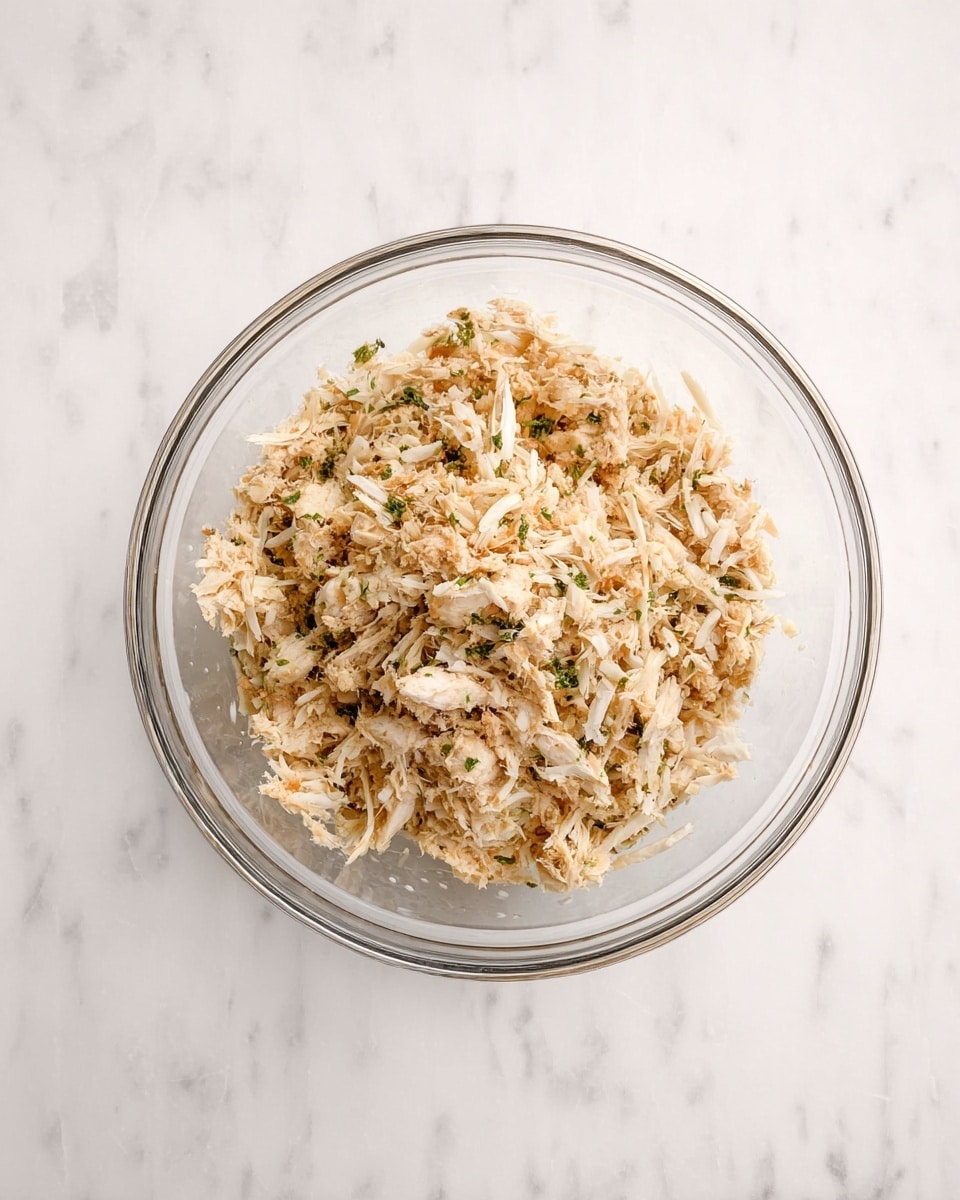 A clear glass bowl sits on a white marbled surface, filled with a mixture of light beige and off-white shredded pieces with small green herb bits scattered evenly throughout. The texture appears slightly chunky and fibrous, with some longer white strips mixed into the blend. The mixture looks moist but not wet, filling the bowl almost to the top. Photo taken with an iphone --ar 4:5 --v 7