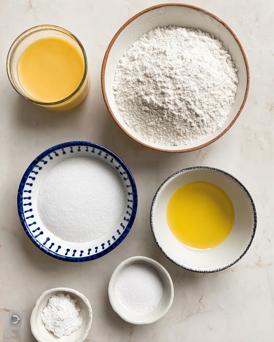 The image shows seven small bowls and glasses arranged on a white marbled surface. The largest bowl is white inside with a brown edge and is filled with white flour, placed near the top right. To its top left is a clear glass with a smooth mustard-yellow liquid. Below the glass is a white bowl with blue dots around the edge, filled with white granulated sugar. To the right of the sugar bowl, there's a white bowl with a dark blue rim, containing light-colored milk. At the bottom right, there is a small white bowl with a yellow liquid, likely oil or melted butter. Near the center bottom, a tiny white bowl contains a white powder, probably baking soda or baking powder. The colors are soft and natural, and the focus is on the textures and natural tones of the ingredients photo taken with an iphone --ar 4:5 --v 7