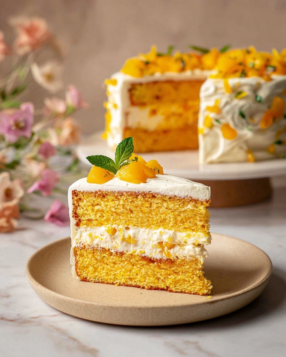 A slice of two-layered yellow-orange cake with a creamy white frosting layer in the middle sits on a beige plate. The top layer is covered with the same white frosting, topped with small yellow fruit pieces and a green mint leaf. In the background, there is a full cake with the same layers, frosting, yellow fruit pieces, and mint leaves, all placed on a white marbled surface with a soft, blurred light beige background and delicate flowers. photo taken with an iphone --ar 4:5 --v 7
