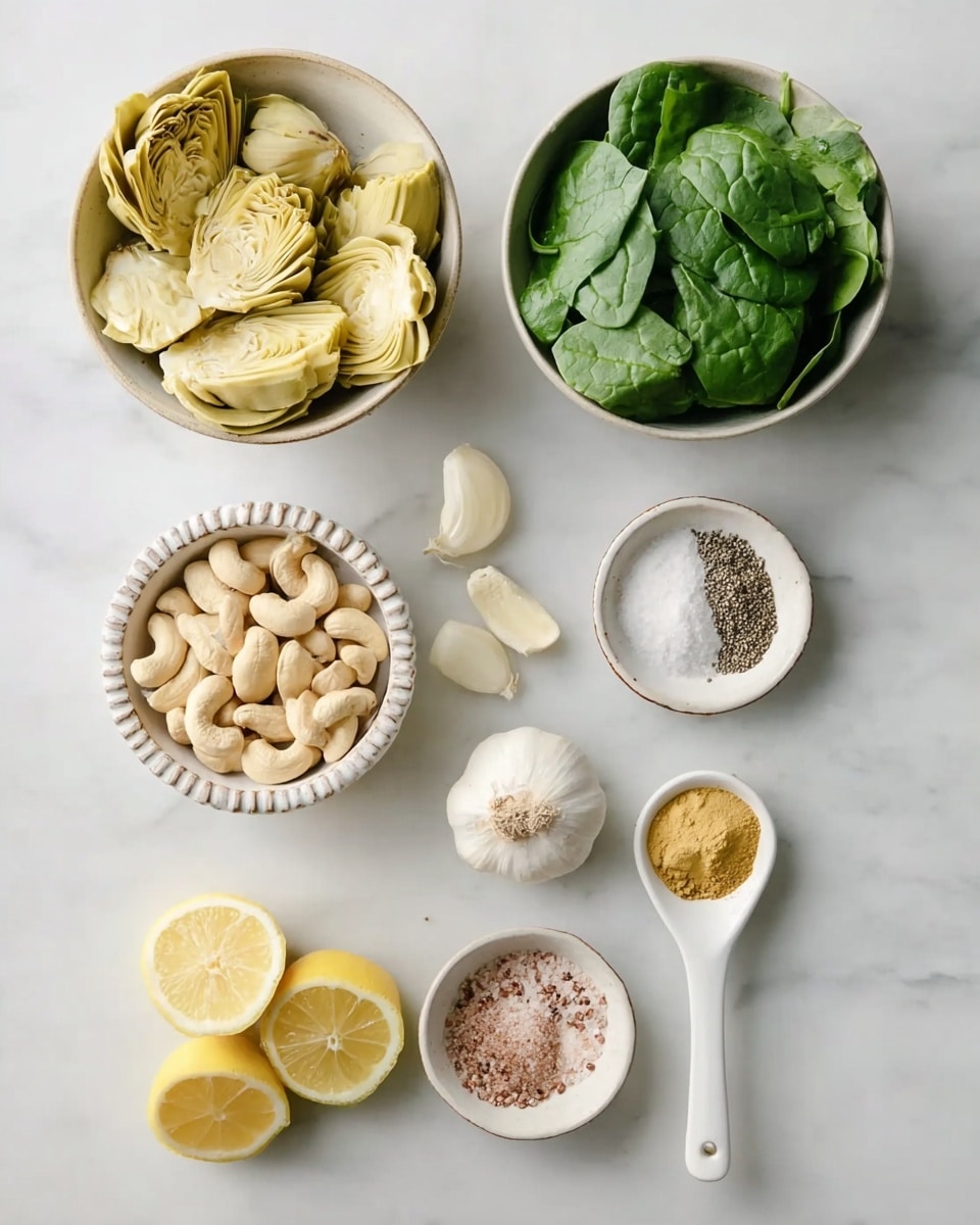 The image shows a top view of several small bowls and items arranged neatly on a white marbled surface. At the top left, there is a beige bowl filled with light yellow artichoke hearts with soft, layered textures. To the right, a white bowl holds fresh green spinach leaves, smooth and vibrant. Below the artichokes, a white bowl is filled with pale beige cashew nuts with a curved shape. Near the bottom, two cloves of garlic sit beside a small beige bowl containing light yellow powder. Next to it, a round white bowl with a raised edge holds a mix of pink salt and black pepper. On the right side, a white spoon contains a small amount of brownish paste, and next to it, a white bowl holds yellow powder. Between these ingredients, two lemon halves with a pale yellow color and visible juicy texture are placed. Photo taken with an iphone --ar 4:5 --v 7