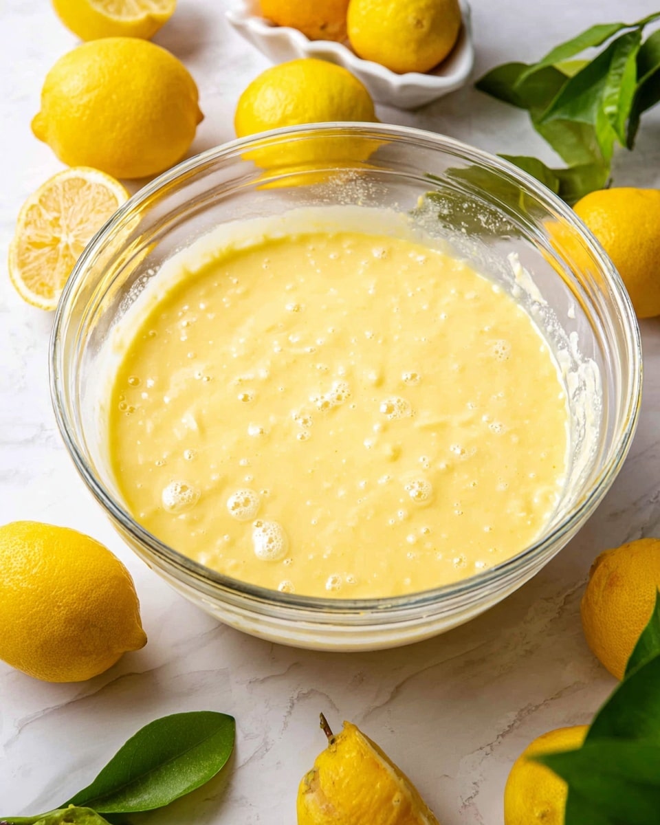 A clear glass bowl filled with a yellow, slightly lumpy batter sits on a white marbled surface. Around the bowl are multiple bright yellow lemons, some whole and some cut in half, showing the juicy inside. The batter looks creamy and thick, with small visible bubbles on the surface. Green leaves appear in the corners, adding a fresh touch to the scene. The photo taken with an iphone --ar 4:5 --v 7