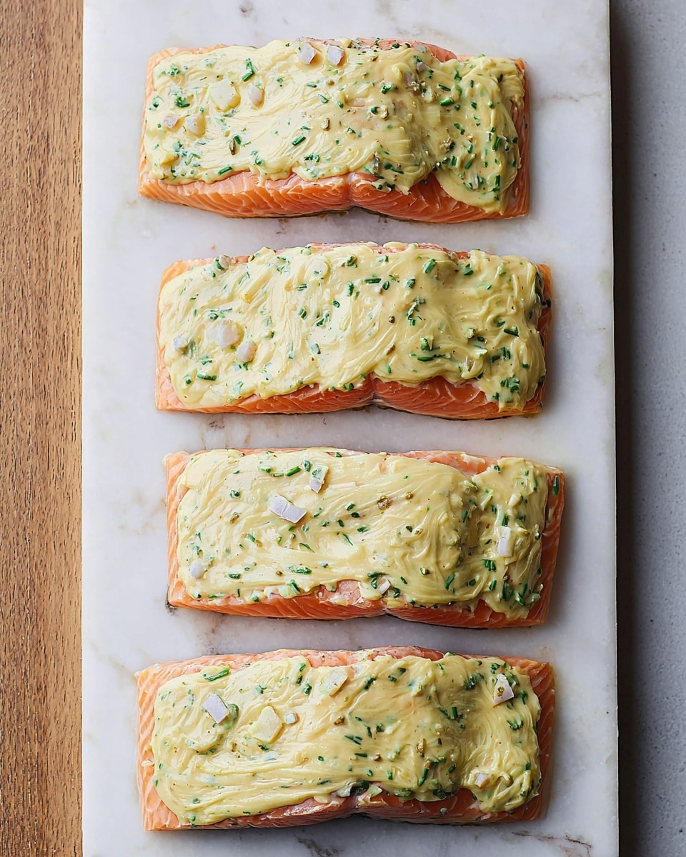 Four thick rectangular pieces of salmon fillet are laid out vertically on a white marble cutting board. Each fillet is topped with a thick, uneven layer of light yellow creamy mixture with visible small green herbs and white chunks spread roughly across the surface. The creamy layer is textured with soft ridges and swirls, slightly spilling over the edges of the salmon in some places. The white marble cutting board sits on a white marbled surface with a wooden edge visible on the left side. Photo taken with an iphone --ar 4:5 --v 7
