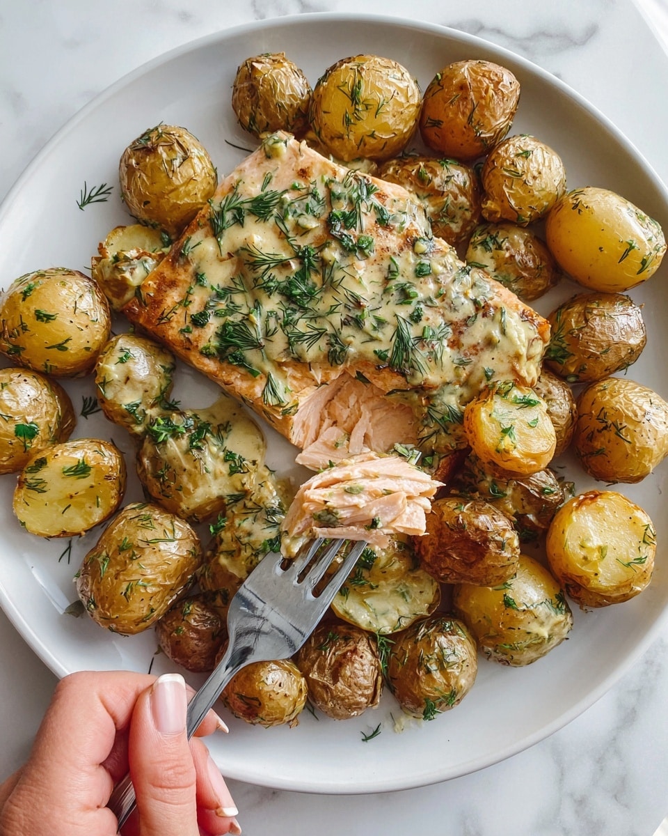 A white plate on a white marbled surface holds a meal with two main parts: golden-brown roasted baby potatoes surrounding a piece of cooked salmon. The salmon is topped with a light creamy sauce mixed with bits of green herbs, mainly dill, giving a fresh look. A woman's hand holds the plate on the bottom left corner, and a fork is breaking the salmon to show its light pink inside. The potatoes are small, round, and cut in half with a crisp look, seasoned with herbs. The whole dish has warm colors with a mix of soft creamy textures on the fish and crunchy textures on the potatoes photo taken with an iphone --ar 4:5 --v 7