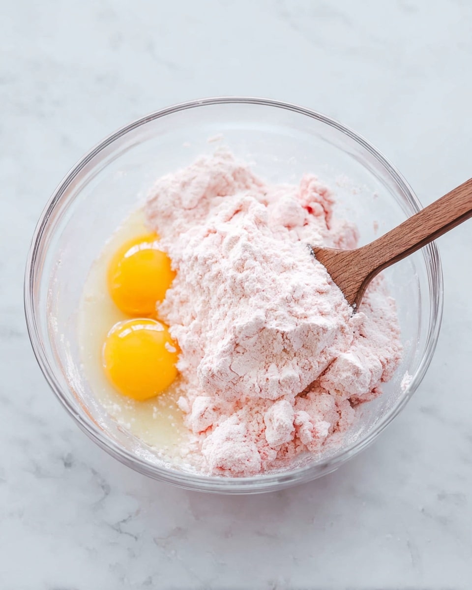 A clear glass bowl sits on a white marbled surface, filled with two raw eggs with bright yellow yolks at the bottom, topped with a mound of light pink powdery mix that has small chunks in it. A wooden spoon is placed inside the bowl, partially inserted into the pink powder on the right side. The scene is well-lit with soft natural light. photo taken with an iphone --ar 4:5 --v 7