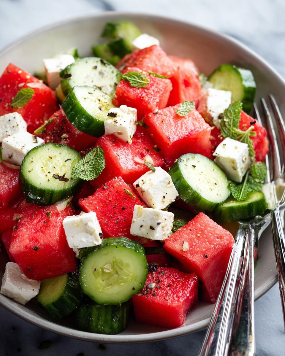 A close-up view of a salad in a white bowl, with three layers: the bottom layer has bright red watermelon cubes cut into bite-size pieces, the middle layer shows light green cucumber slices with dark green peel around the edges, and the top layer is made of small white feta cheese cubes scattered across the watermelon and cucumber. Small green mint leaves and black pepper flakes are sprinkled over the salad, adding texture and contrast. Two metal forks rest on the side of the bowl, partially visible. The bowl sits on a white marbled surface. photo taken with an iphone --ar 4:5 --v 7