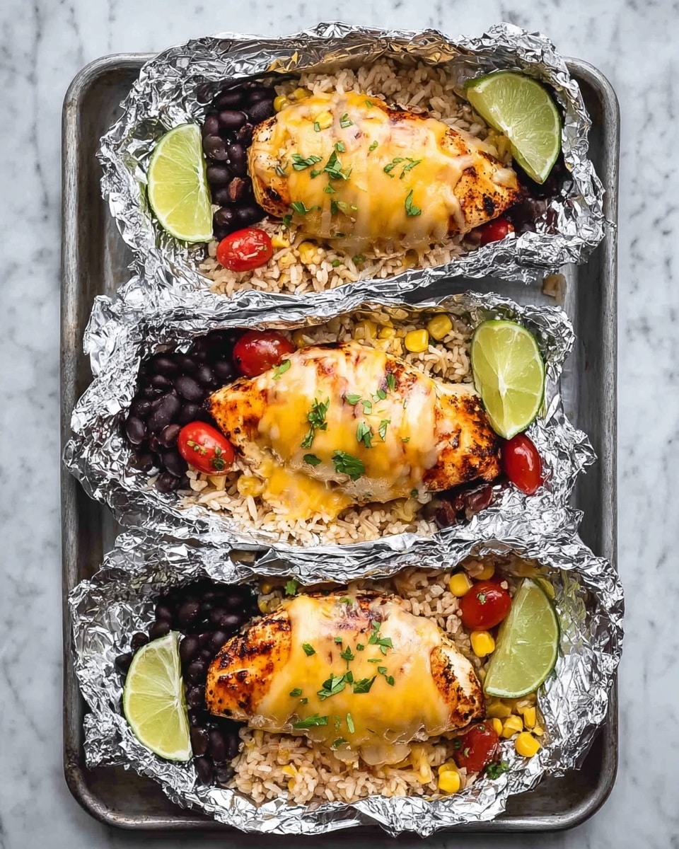 The image shows three individual foil packets laid side by side on a metal tray, each containing a meal. Each packet is open to reveal a large piece of grilled chicken topped with melted yellow and white cheese, resting over a bed of brown rice. To the right of the chicken in each packet are black beans, small grilled corn kernels, and quartered red cherry tomatoes. On the left side of each packet, two lime wedges are placed on the rice, with small green herb sprigs adding a fresh touch. The foil is shiny and crinkled, contrasting with the warm colors of the food, all set against a white marbled surface. Photo taken with an iphone --ar 4:5 --v 7