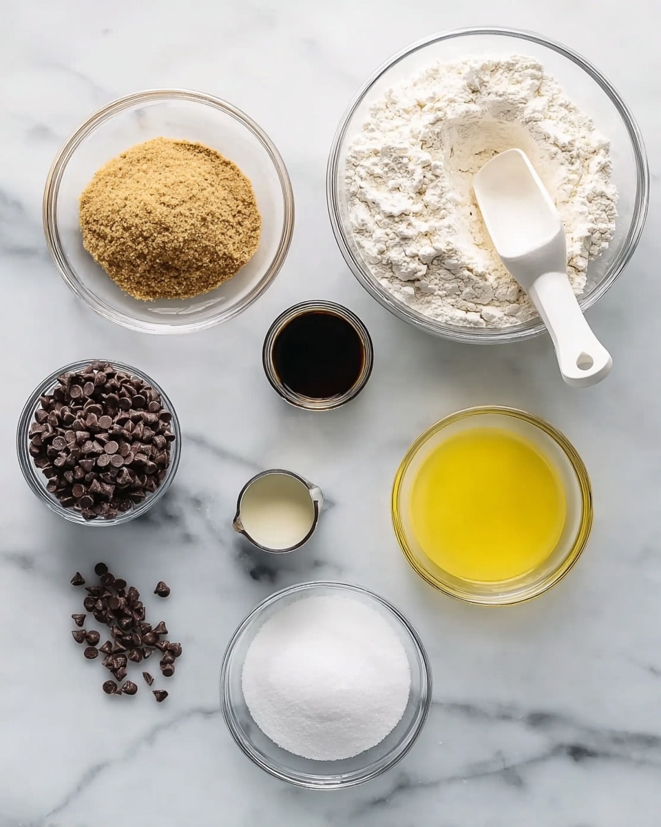 Seven bowls of ingredients are arranged on a white marbled surface. At the top right, a large clear bowl holds white flour with a white scoop resting in it. Below to the right, another large clear bowl contains melted yellow butter. At the bottom right, there is a smaller clear bowl filled with white granulated sugar. At the bottom left sits a medium clear bowl filled with light brown sugar. At the top left, a medium clear bowl is filled with small dark brown chocolate chips, some scattered on the marble near it. Between the chocolate chips and melted butter bowls are two small silver metal cups, one with dark vanilla extract and the other with white milk. photo taken with an iphone --ar 4:5 --v 7