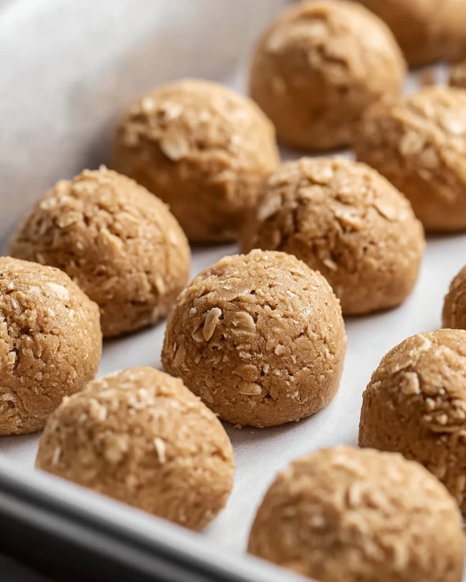 The image shows several rounded scoops of light brown cookie dough arranged closely together on a white metal baking tray. Each scoop has a slightly rough texture with visible pieces of oats, giving them a coarse and chunky look. The dough balls are uniform in size and shape, with some uneven spots and small cracks on their surfaces. The background is a softly blurred white marbled texture, highlighting the warm, beige color of the cookie dough. Photo taken with an iphone --ar 4:5 --v 7